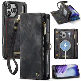 Dteck - Multi-Functional Wallet Case for Apple iPhone 17 Pro Max,Large Card Slots Zipper Magnetic Detachable Cover With Strap - Black