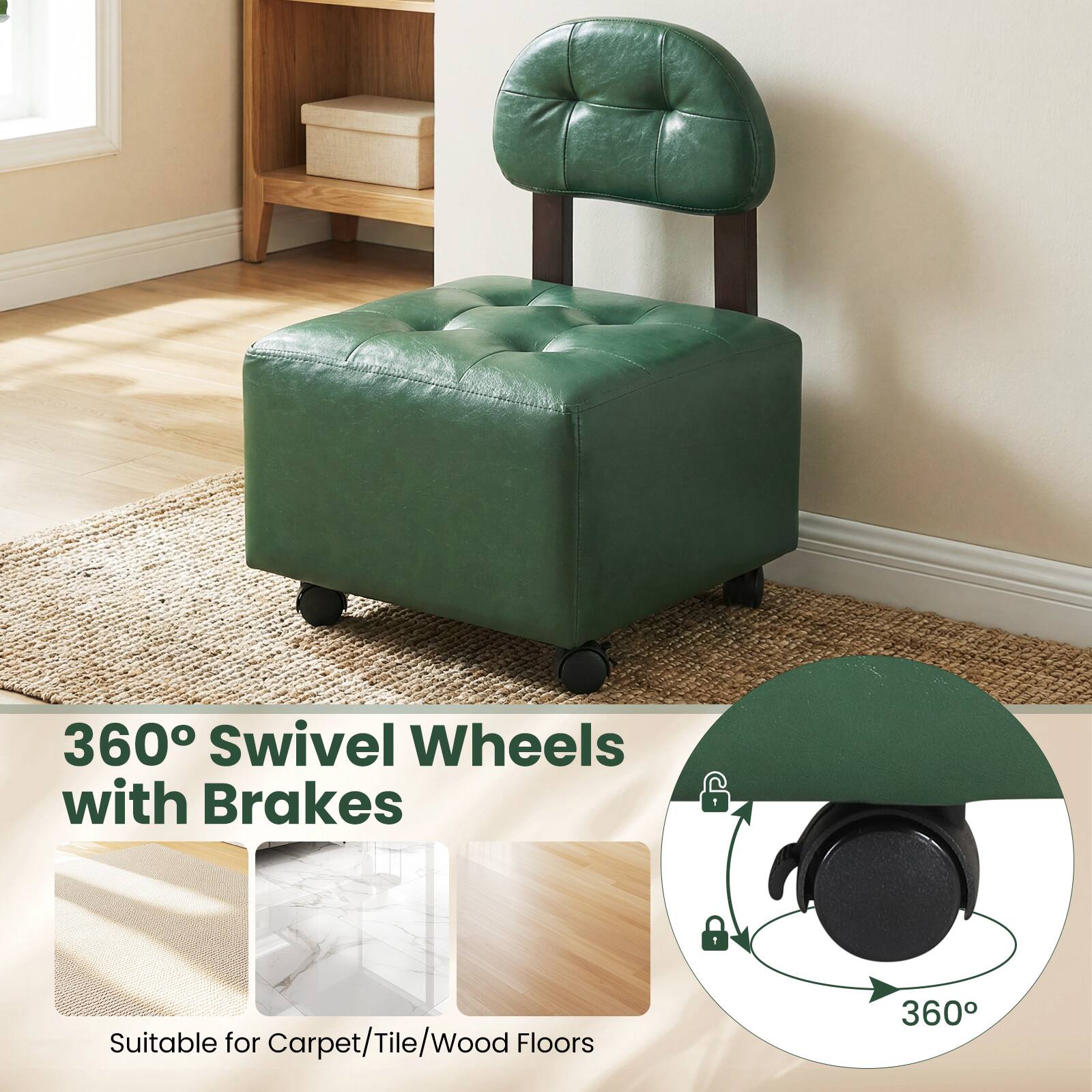 360° Swivel Wheels with Brakes  
Suitable for Carpet/Tile/Wood Floors