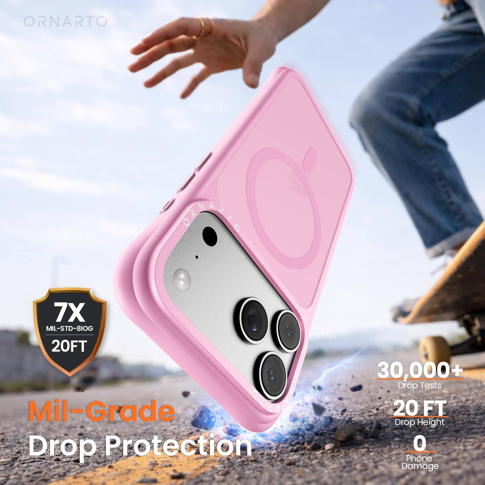 ORNARTO  
7X MIL-STD-810G 20FT  
Mil-Grade Drop Protection  
30,000+ Drop Tests  
20 FT Drop Height  
0 Phone Damage