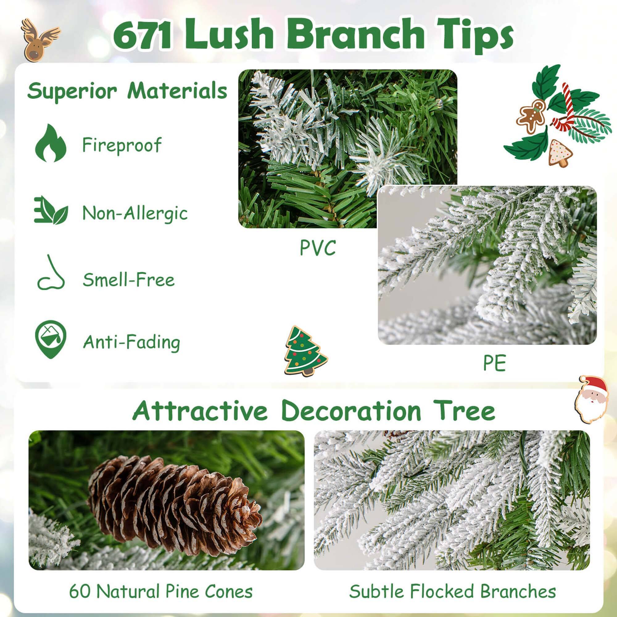 671 Lush Branch Tips: Superior Materials, Fireproof, Non-Allergic, Smell-Free PVC, Anti-Fading PE, Attractive Decoration Tree, 60 Natural Pine Cones, Subtle Flocked Branches.