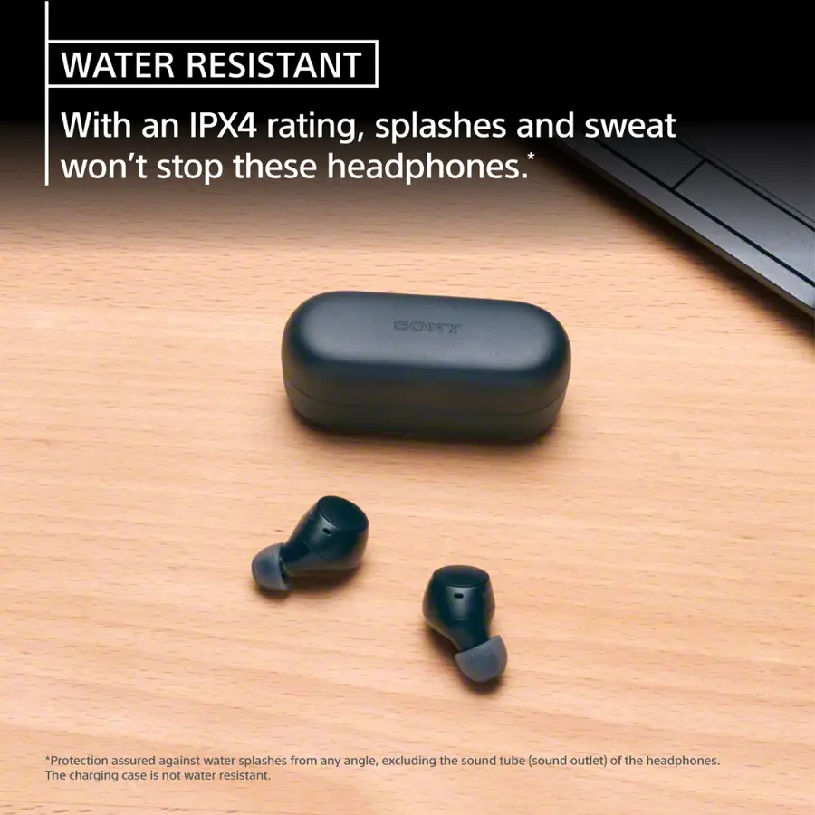The text on the image reads: "WATER RESISTANT With an IPX4 rating, splashes and sweat won't stop these headphones. SONY 'Protection assured against water splashes from any angle, excluding the sound tube (sound outlet) of the headphones. The charging case is not water resistant.'"