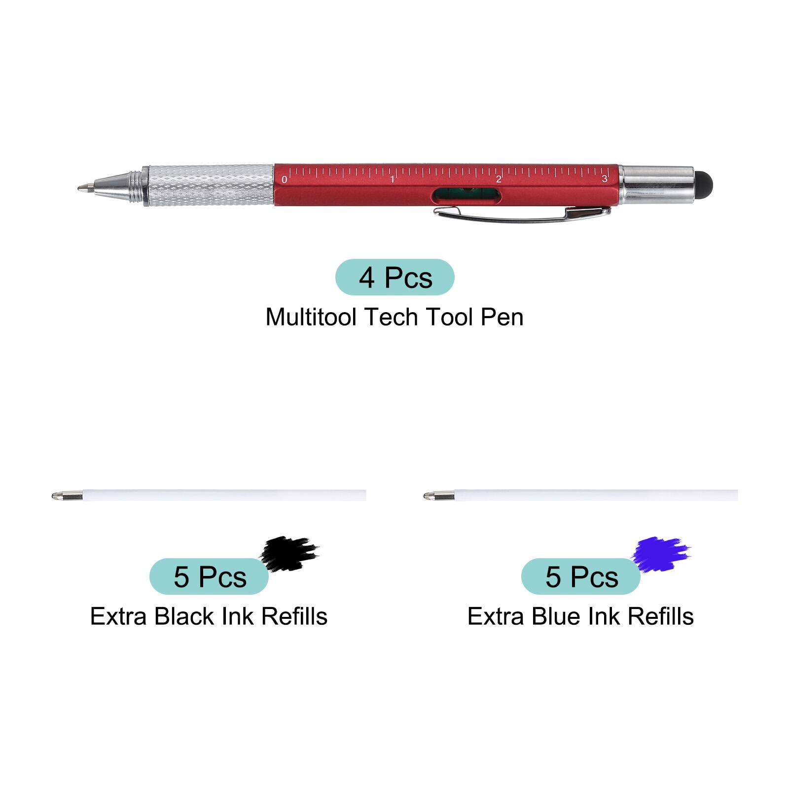 4 Pcs Multitool Tech Tool Pen  
5 Pcs Extra Black Ink Refills  
5 Pcs Extra Blue Ink Refills