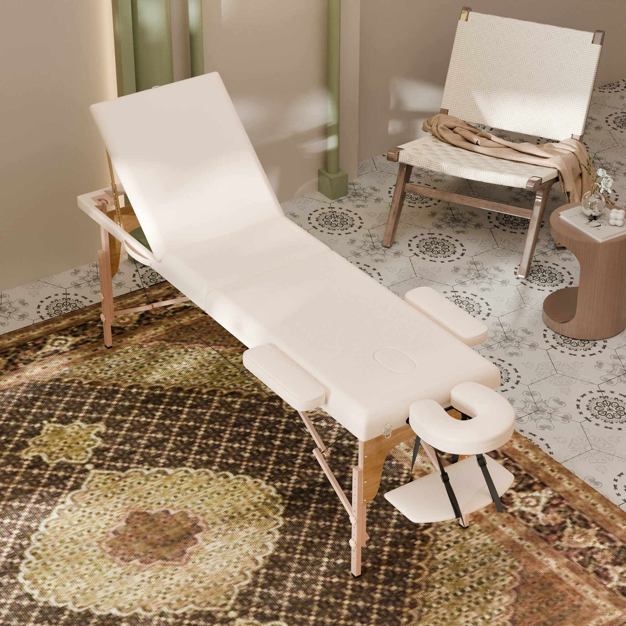 Left. Famapy - Portable Foldable Massage Table White – Adjustable Backrest & Face Cradle, Lightweight Spa Bed for Home, Salon, Therapy - White & Wooden.