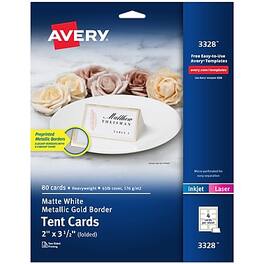 Avery - 2" x 3.5" /Gold Matte Table Tent, Laser/Inkjet, 80 Cards/Pack - White