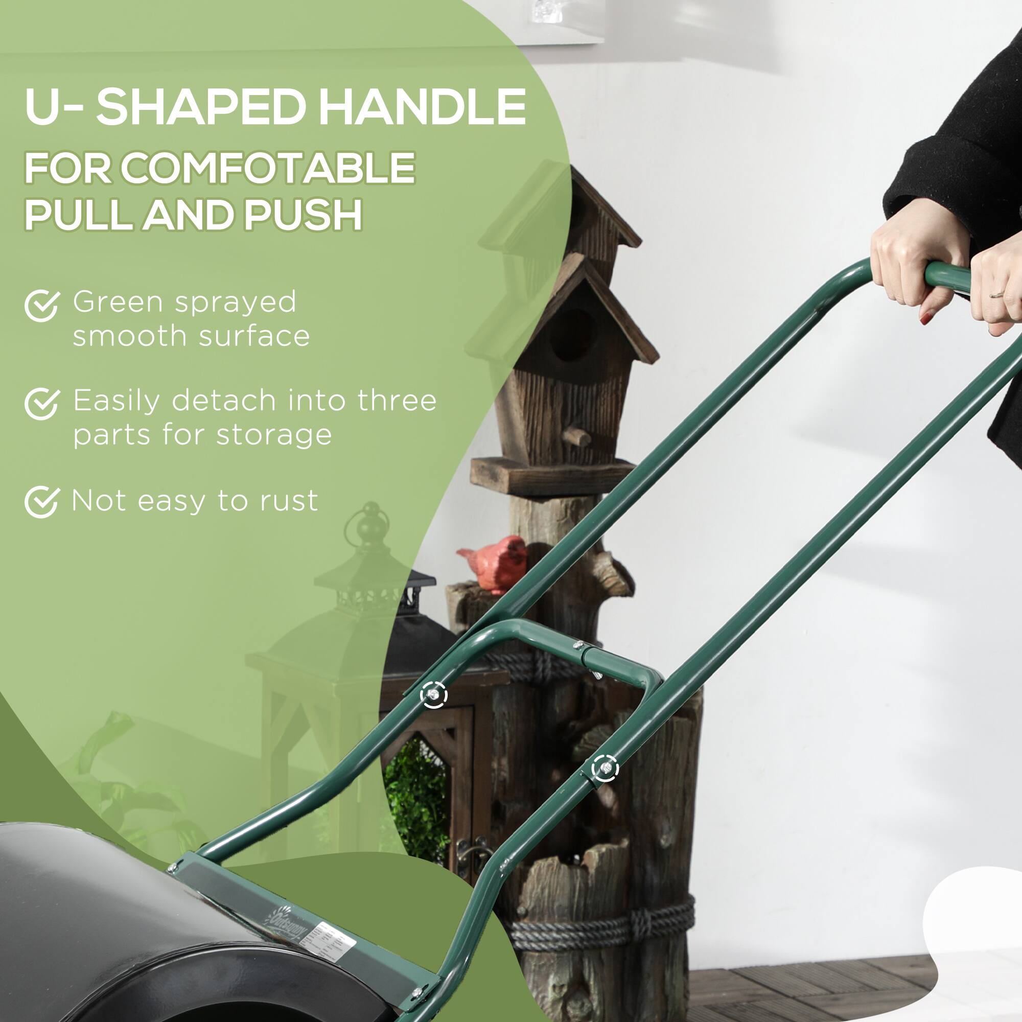 U-SHAPED HANDLE FOR COMFORTABLE PULL AND PUSH

- Green sprayed smooth surface
- Easily detach into three parts for storage
- Not easy to rust