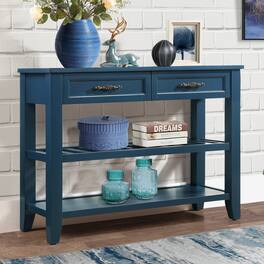 GOODSILO - Mid-Century Solid Wood Console Table with Storage Drawers and Shelves for Living Room, Dining Room, or Entryway - Navy Blue