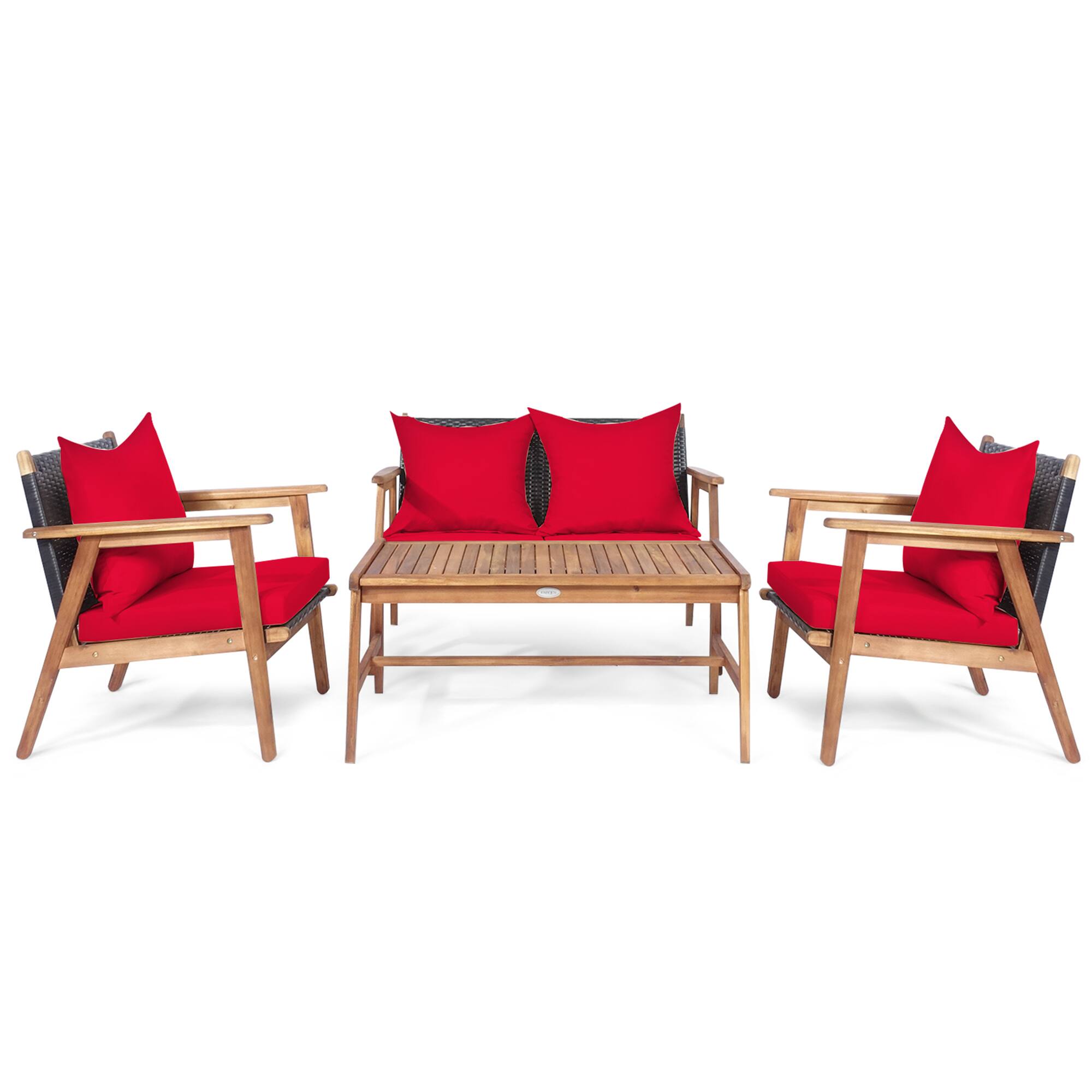 Alt View 9. Gymax - Gymax 4PCS Patio Conversation Set Wood Frame Furniture Set w/ Red Cushions - Red.