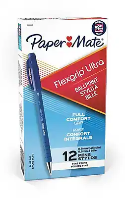 Paper Mate Flexgrip Ultra
Ballpoint Stylo à Bille
Full Comfort Grip Prise de Confort Intégrale
0.8mm Ballpoint 0.8mm Bille
12 Pens Stylos
Fine Point Pointe Fine
Blue Encre Bleu