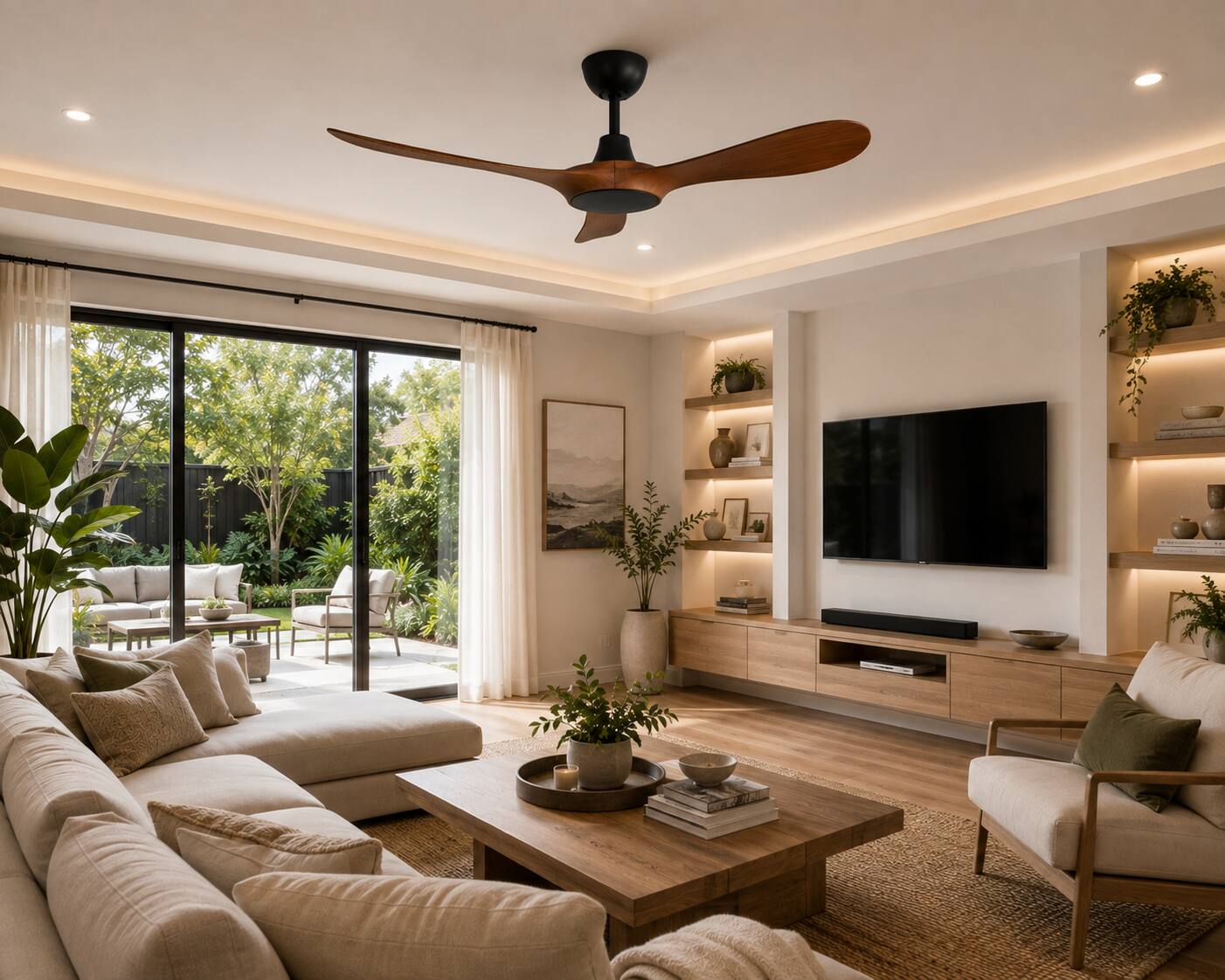 Back. ENLIGHT - 56" Smart Ceiling Fan, IP66 Outdoor & Coastal, Weather Resist, Efficient & Quiet DC Motor, Reverse Mode, Matter, 3 Blade - Teak Woodgrain.