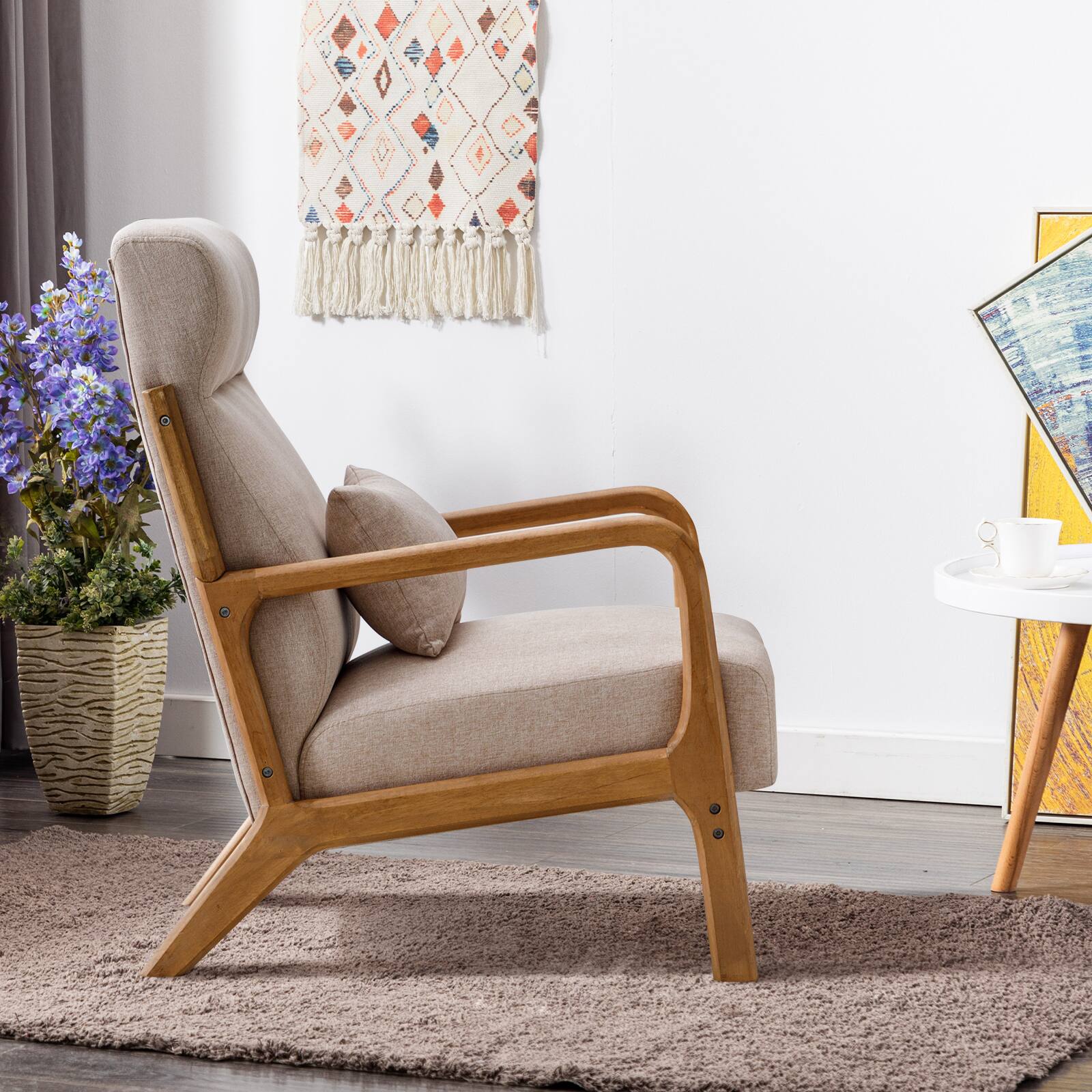 Left. Bestier - Mid-Century Upholstered Accent Chair with Wooden Frame and High Back, Pillow, and Waist Cushion - White.