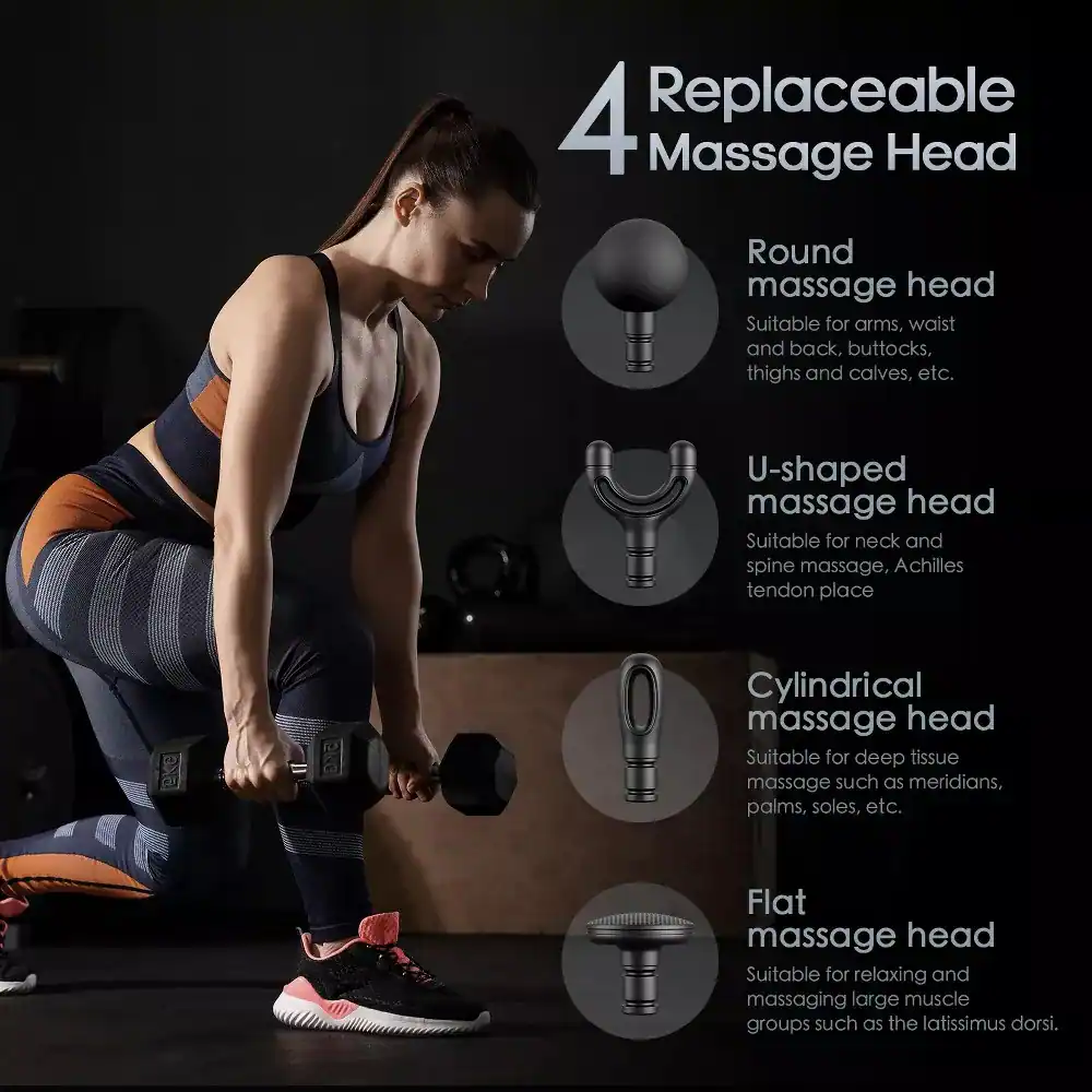 4 Replaceable Massage Head

- Round massage head
  - Suitable for arms, waist and back, buttocks, thighs and calves, etc.

- U-shaped massage head
  - Suitable for neck and spine massage, Achilles tendon place

- Cylindrical massage head
  - Suitable for deep tissue massage such as meridians, palms, soles, etc.

- Flat massage head
  - Suitable for relaxing and massaging large muscle groups such as the latissimus dorsi.