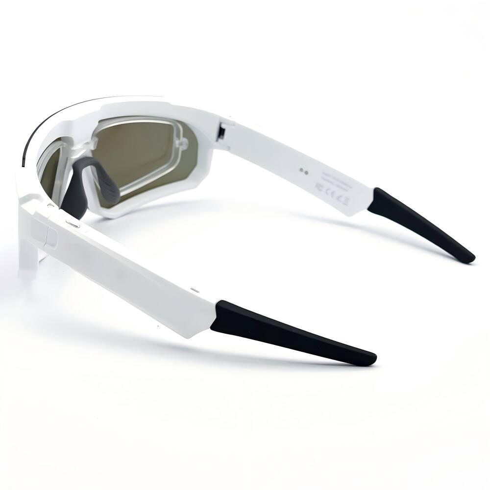 Back. PRIMEPLUS - Cycling Smart Glasses with 8MP Camera, AI Translation & GPT, Sports Sunglasses for Phone Calls & Music, IP67 - WHITE - BLUE.