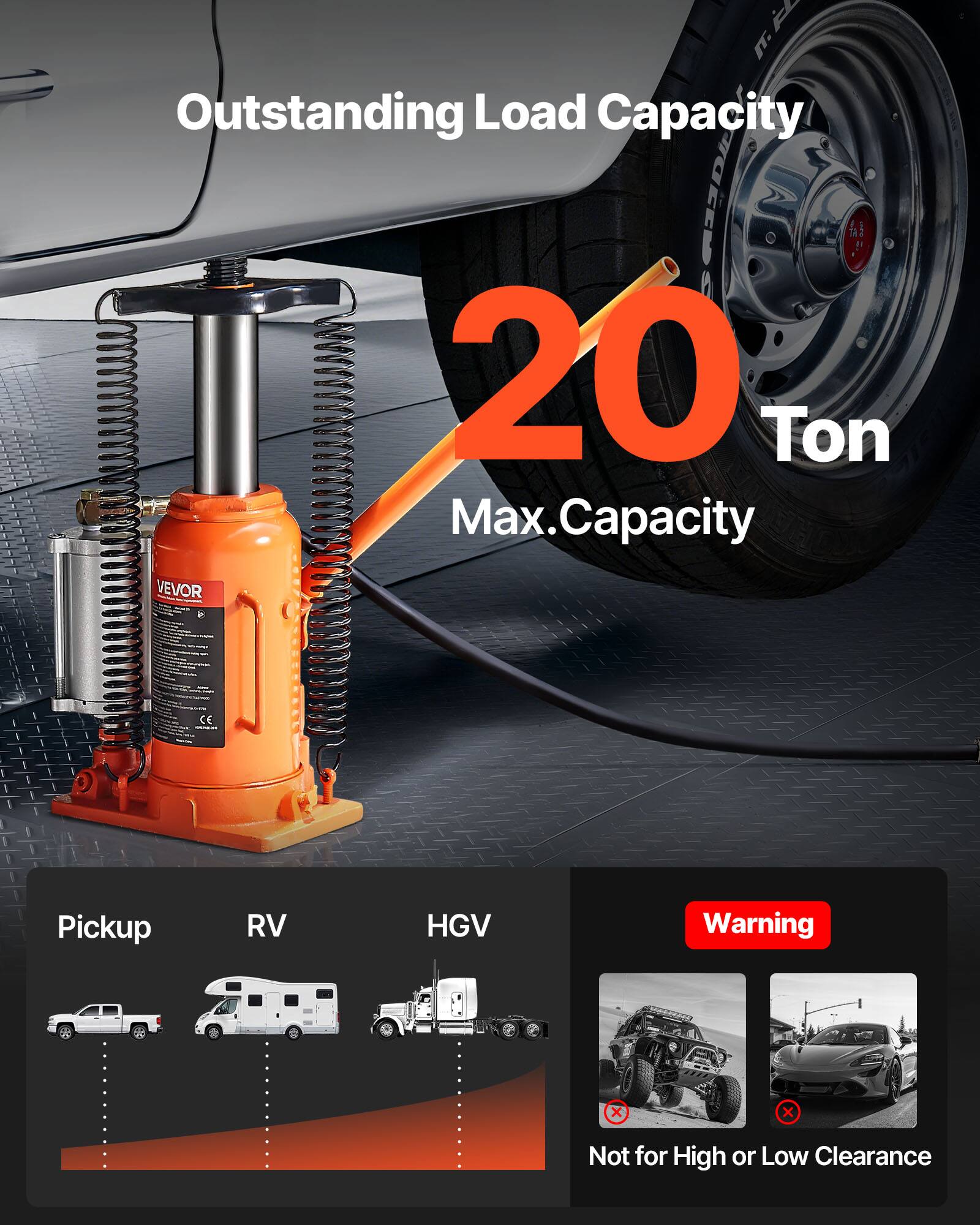 Outstanding Load Capacity  
20 Ton Max. Capacity  
VEVOR  
Pickup RV HGV  
Warning  
Not for High or Low Clearance