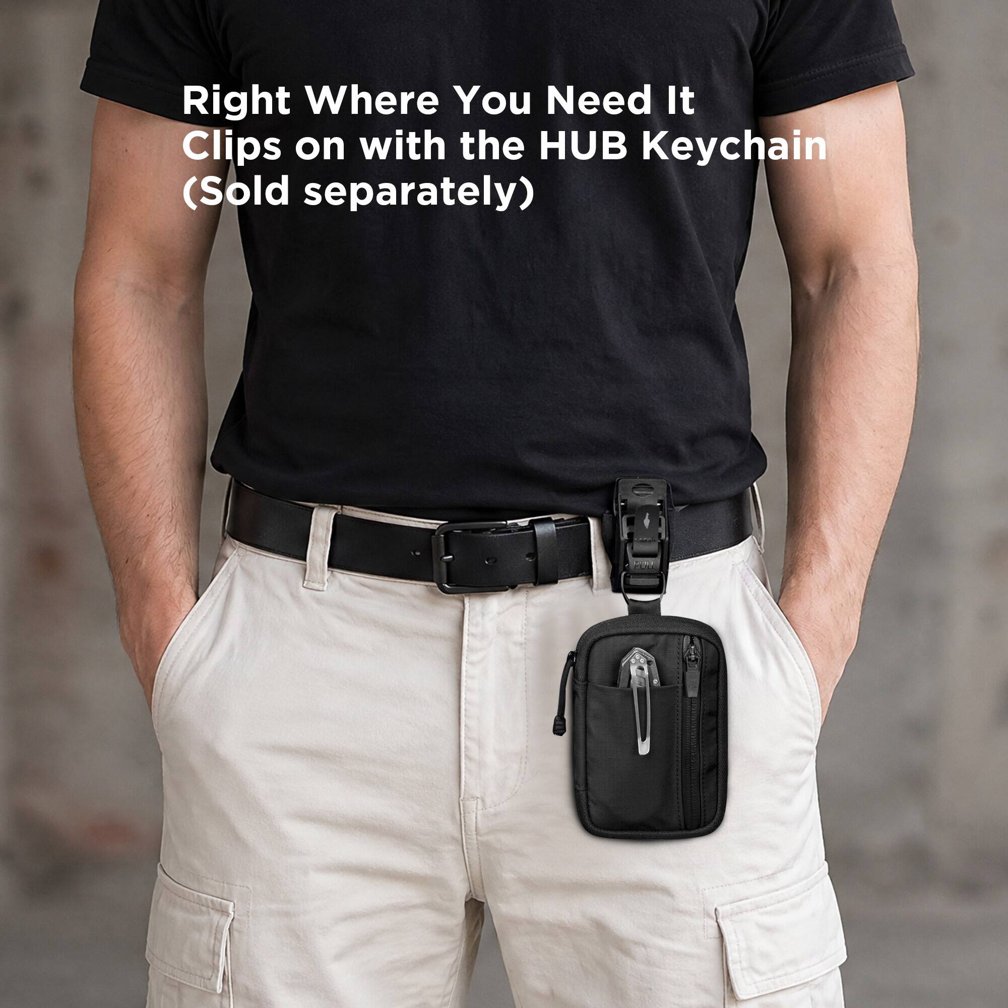 Right Where You Need It  
Clips on with the HUB Keychain (Sold separately)