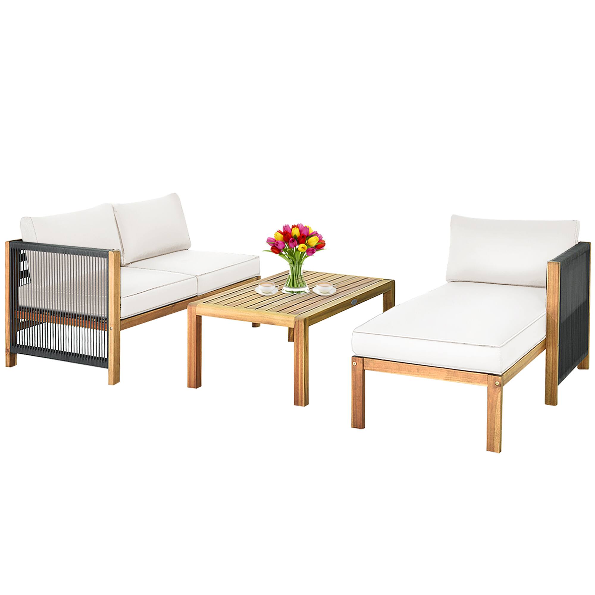 Alt View 8. Gymax - Gymax 3PCS Patio Acacia Wood Sofa Furniture Set Thick Cushion W/ Nylon Rope Armrest White - White.