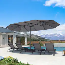 PURPLE LEAF - 15 ft. Patio Market Umbrella with Base Double-Sided Outdoor Table Sun Umbrellas with Crank for Pool Beach Deck Backyard - Light Gray