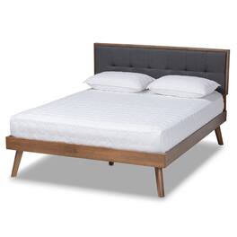 Baxton Studio - Alke Mid-Century Modern Fabric Upholstered Walnut Brown Finished Wood Platform Bed - Dark Grey/Walnut