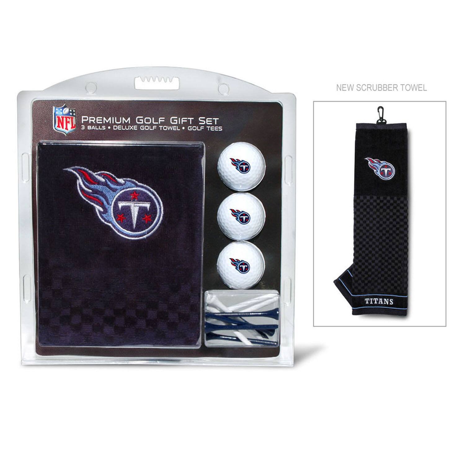 NEW SCRUBBER TOWEL  
NFL PREMIUM GOLF GIFT SET  
3 BALLS • DELUXE GOLF TOWEL • GOLF TEES  
TITANS