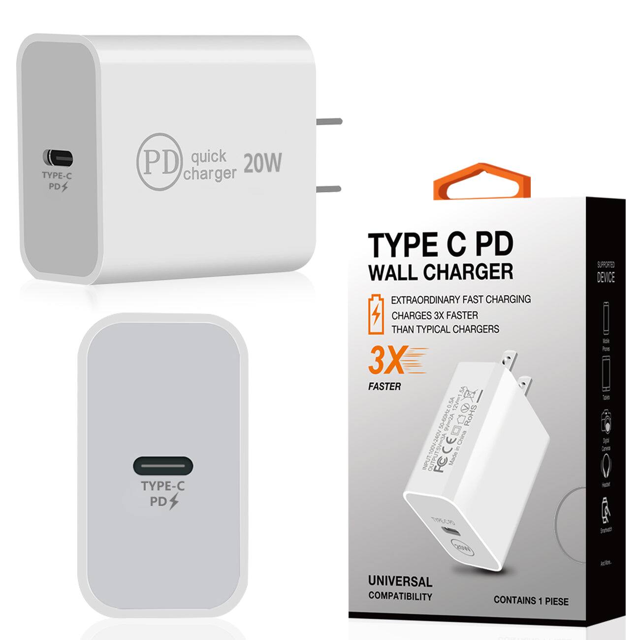 **TYPE C PD WALL CHARGER**

- **EXTRAORDINARY FAST CHARGING**
  - CHARGES 3X FASTER THAN TYPICAL CHARGERS

- **UNIVERSAL COMPATIBILITY**

- **CONTAINS 1 PIECE**

**Specifications:**
- **INPUT:** 100V-240V
- **OUTPUT:** 5V/2A, 9V/2A, 12V/1.5A
- **FCC, CE, RoHS Certified**
- **56-60Hz, 0.5A**

**Supported Devices:**
- [Icons representing various devices]

**Quick 20W Charger**  
**TYPE-C PD**