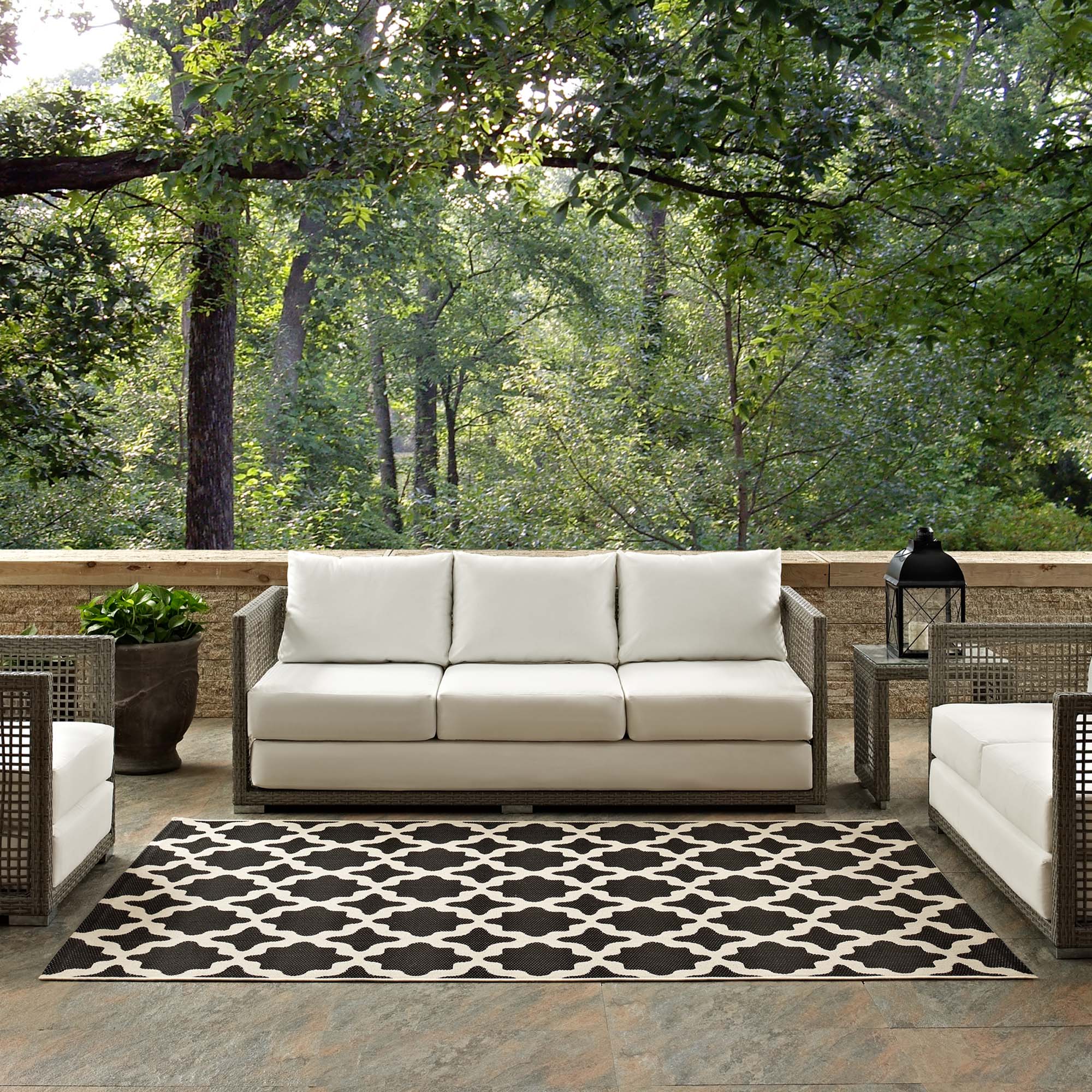 Back. Modway - Cerelia Moroccan Trellis Indoor and Outdoor Area Rug - Black and Beige.