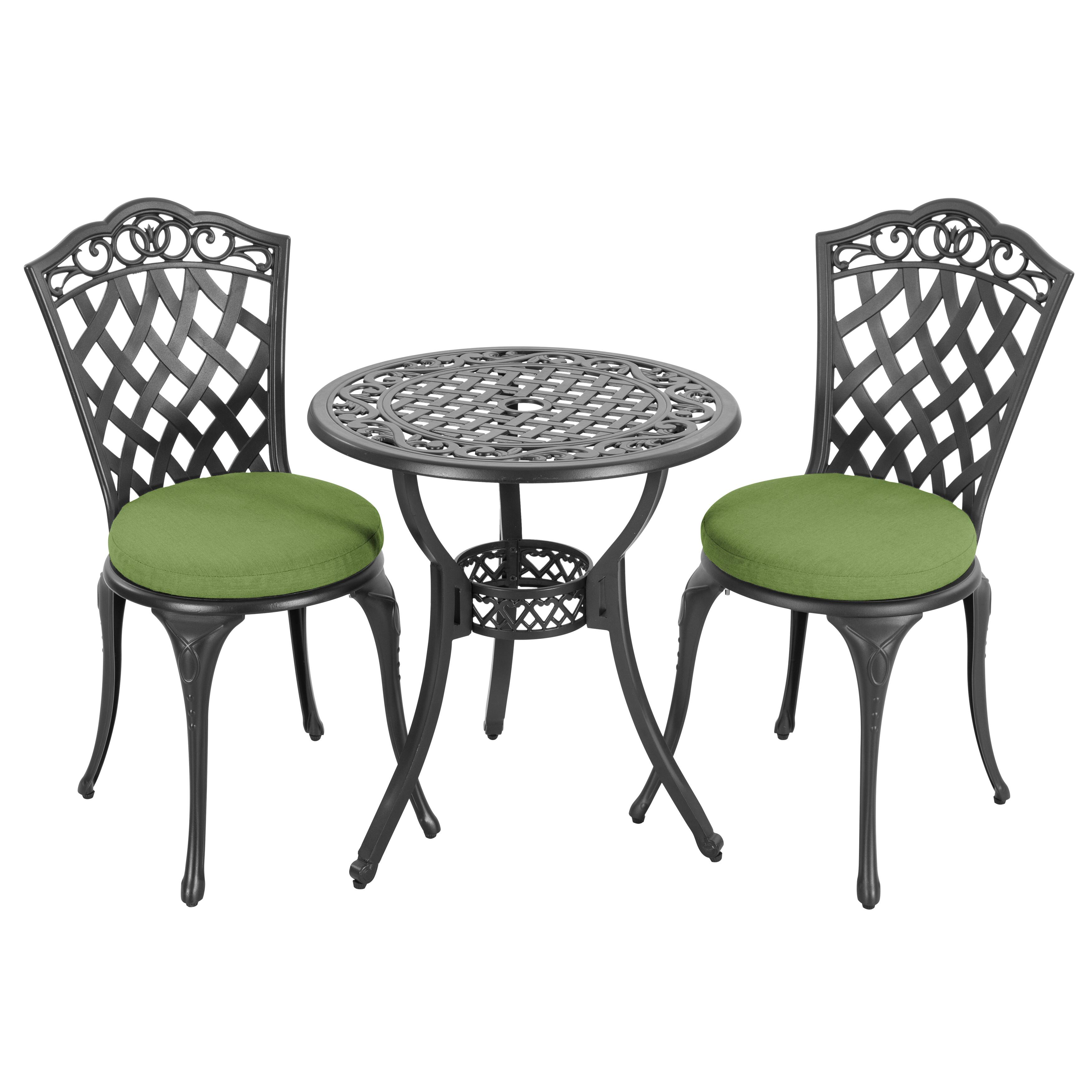 Alt View 6. Nuu Garden - Patio 3-Piece Cast Aluminum Bistro Set with Cushions, Umbrella Hole - Black and Green.