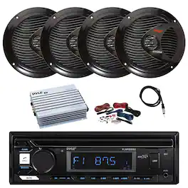 Pyle - Marine Bluetooth Stereo Receiver, 4x 6.5" 150W Full Range Dual Cone Stereo Speakers, Amplifier w/Kit, Radio Antenna