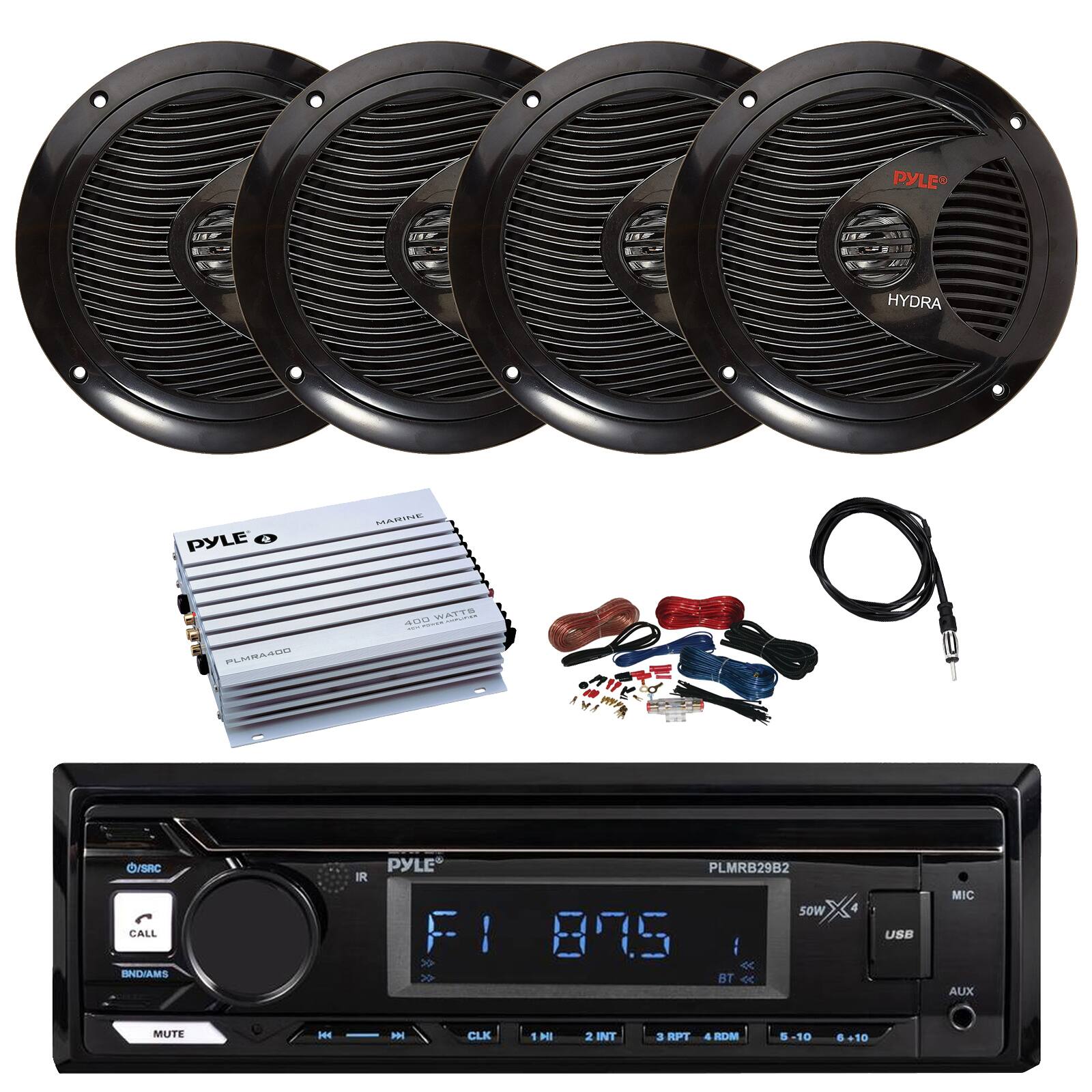 PYLE HYDRA PYLE O MARINE

WS PLURAAER /SAC CALL BNDAMS IR PYLE FI

PLMRB29B2

875

BT C 4 USB MIC AUX MUTE H M CLK 1 HI 2 INT a RPT 4 RDM S 3-10 +10