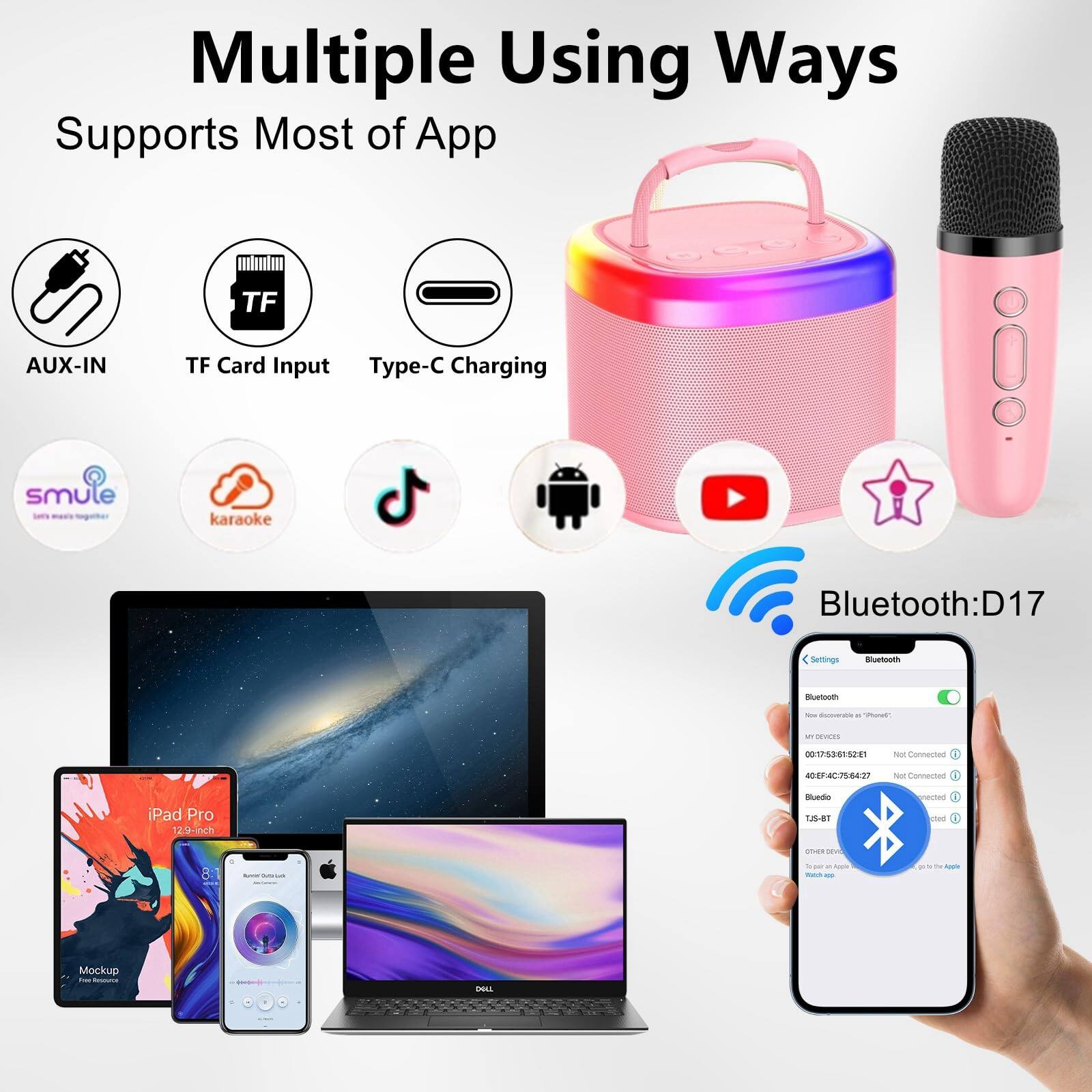 Multiple Using Ways  
Supports Most of App  

AUX-IN  
TF Card Input  
Type-C Charging  

smule  
karaoke  
Bluetooth: D17  

iPad Pro 12.9-inch  
Mockup  

Bluetooth Devices:  
- 00:15:36:15:62:11  
- 40:EF:4C:67:56:42  
- T.J.S-BT  
- Bluetooth D17 (Connected)