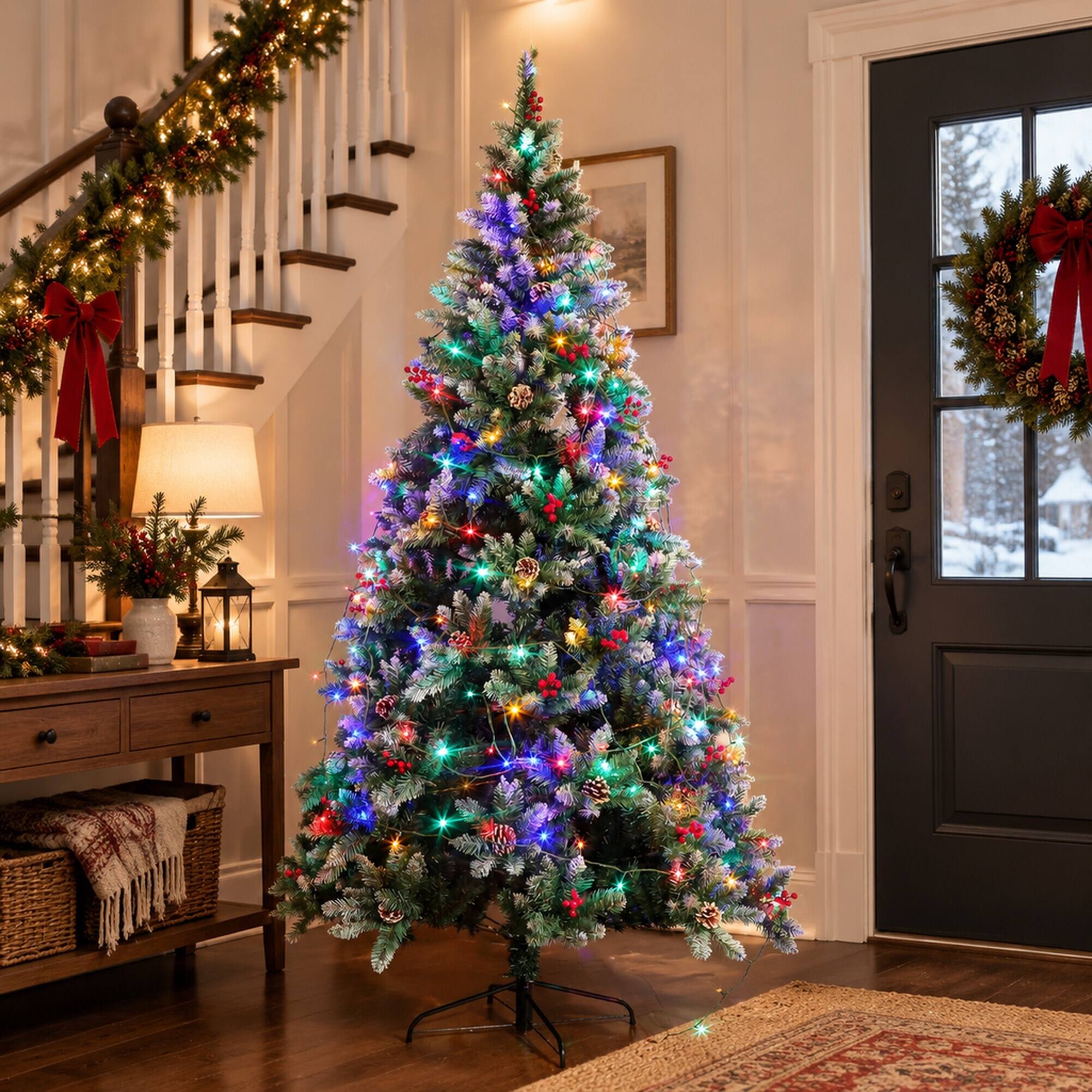 Alt View 1. RYHNUYNE - 7.5FT Pre-Lit Artificial Christmas Tree With 200 LED Lights and 1358 Tips, Green Metal Hinges and Foldable Base - Army Green.