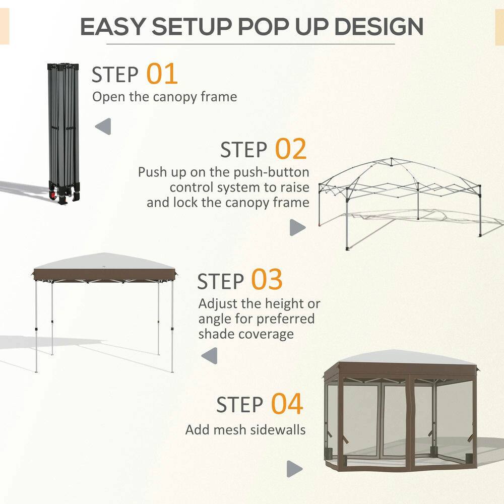 EASY SETUP POP UP DESIGN

STEP 01  
Open the canopy frame

STEP 02  
Push up on the push-button control system to raise and lock the canopy frame

STEP 03  
Adjust the height or angle for preferred shade coverage

STEP 04  
Add mesh sidewalls