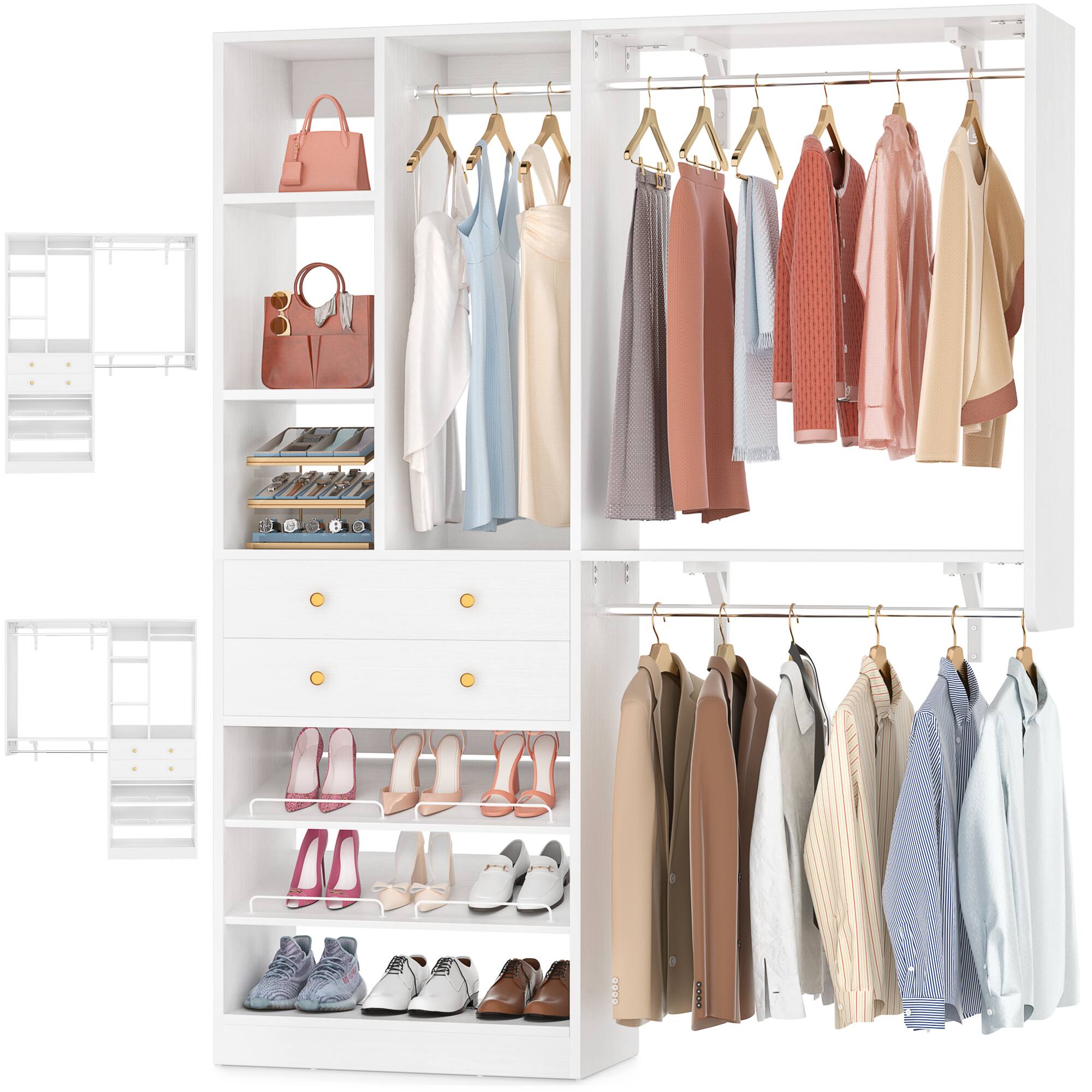 Alt View 4. Aheaplus - Heavy Duty Closet Organizer with Drawers and Hanging Rods, Wardrobe System with Adjustable Shoe Racks, Wall Mounted - White.