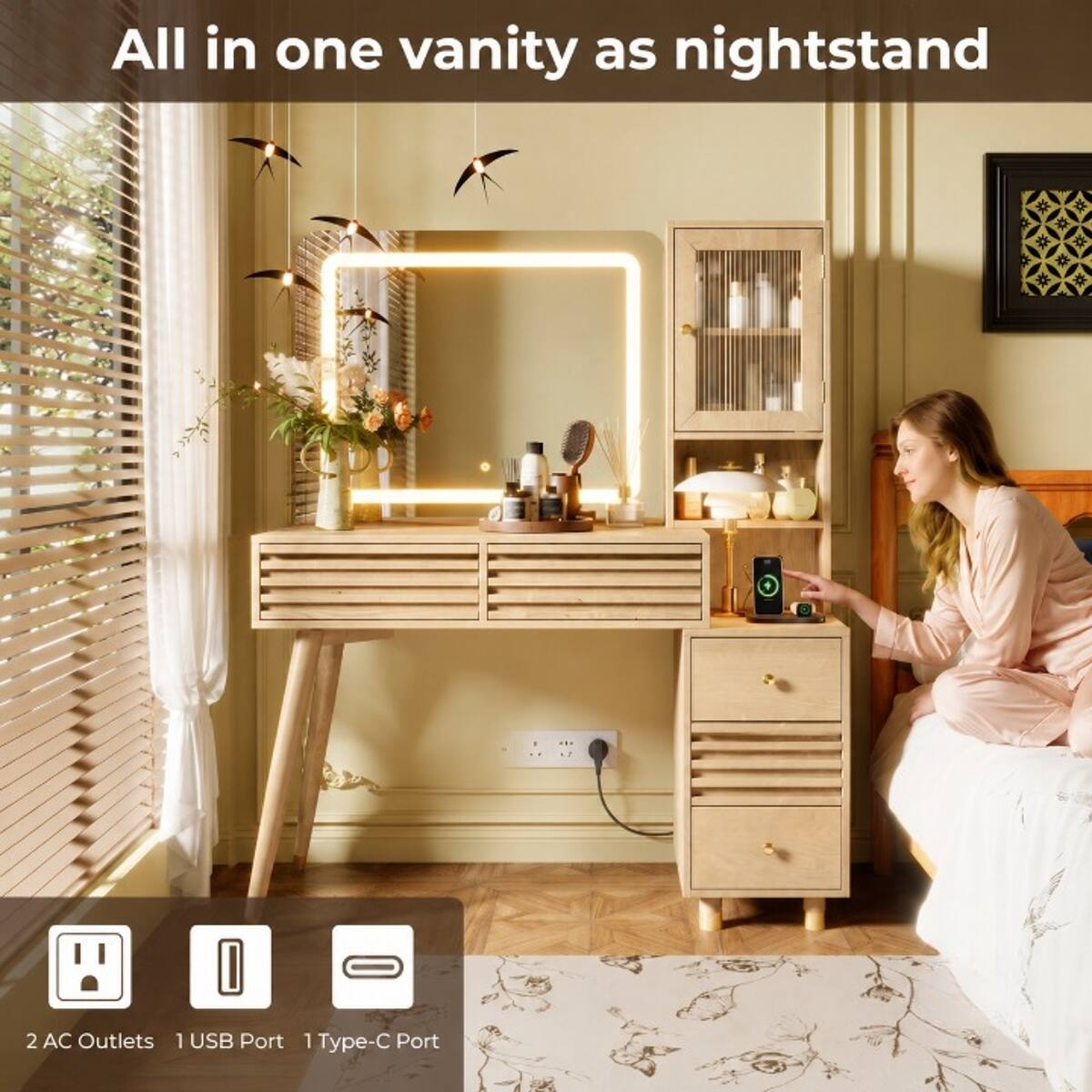 All in one vanity as nightstand

2 AC Outlets 1 USB Port 1 Type-C Port