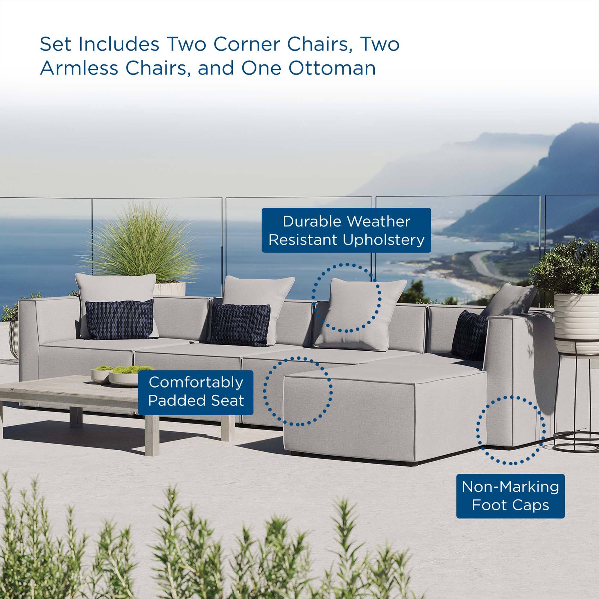 Set Includes Two Corner Chairs, Two Armless Chairs, and One Ottoman

- Durable Weather Resistant Upholstery
- Comfortably Padded Seat
- Non-Marking Foot Caps