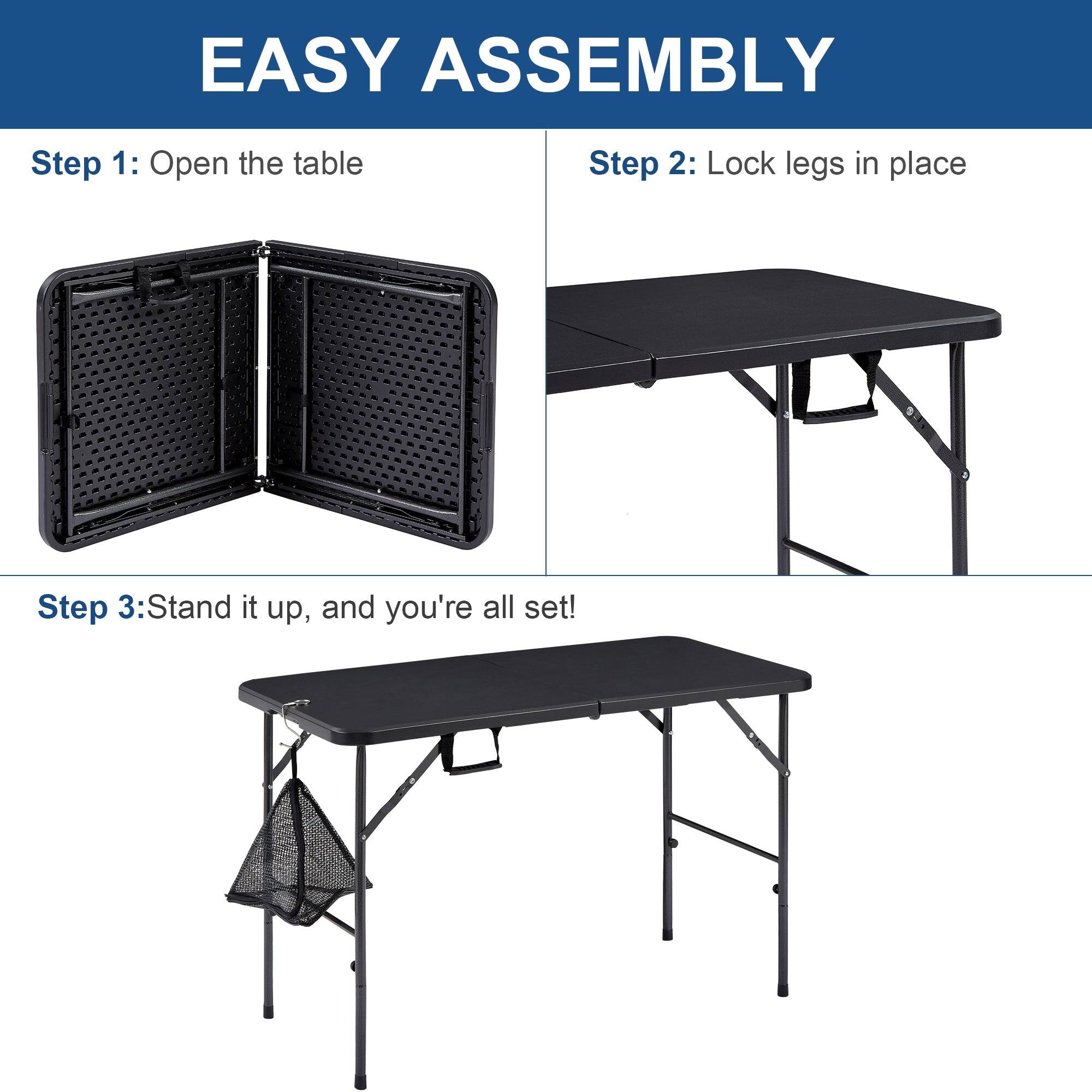 EASY ASSEMBLY

Step 1: Open the table

Step 2: Lock legs in place

Step 3: Stand it up, and you're all set!