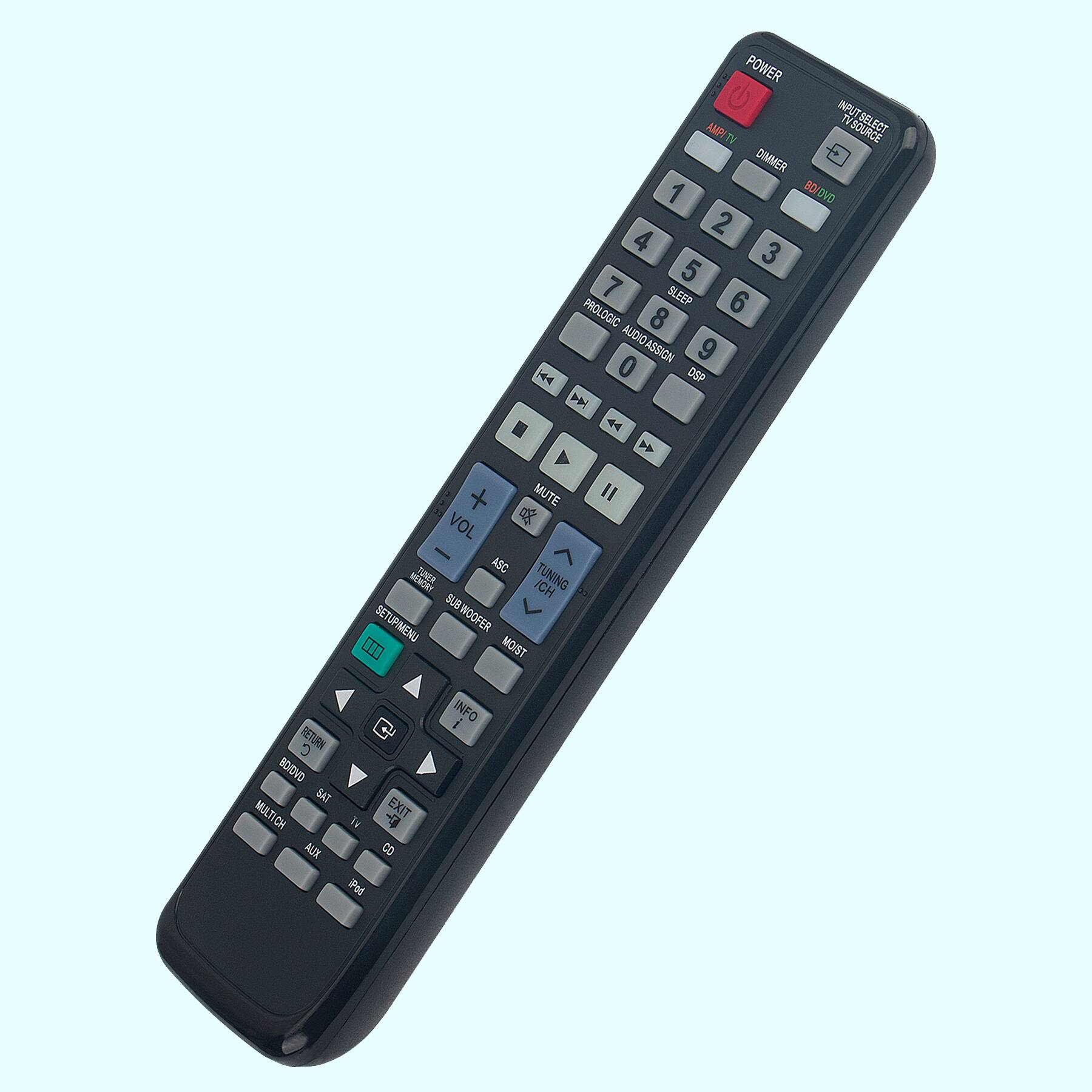 POWER  
TV SOURCE SELECT  
TV  
DIMMER  
1 BOLDVD  
2 4 3 5 7  
BLEEP  
6 PROLOGIC  
8 AUDIOASSIGN  
9  
H  
0 DSP  
B MUTE VOL  
ASC MONGRY  
ICH TUNING  
SUBWOOFER  
URMENU  
0  
MOIST II  
RETURN  
C  
2 BO/DVD  
TAB  
MULT  
EXIT  
CH  
14  
4  
ALX  
CD  
INFO  

POWER  
TV  
DIMMER  
1  
2  
3  
4  
5  
6  
7  
8  
9  
0  
PROLOGIC  
AUDIOASSIGN  
BLEEP  
SLEEP  
ASC  
TUNING  
SUBWOOFER  
SETUPMENU  
MOST  
INFO  
RETURN  
EXIT  
MULTI CH  
SAT  
TV  
CD  
AUX  
DVD  
TV  
CABLE