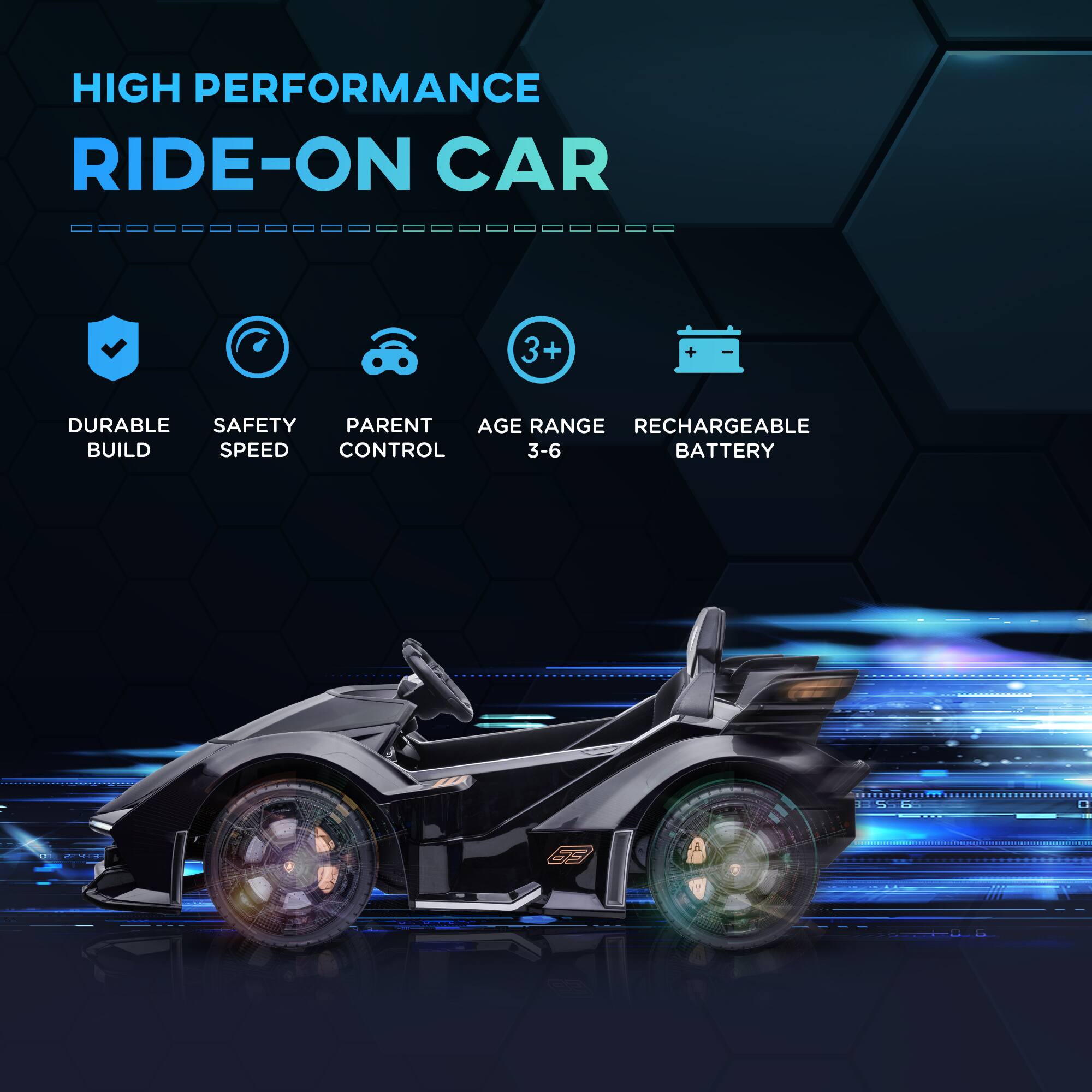 HIGH PERFORMANCE RIDE-ON CAR

- DURABLE BUILD
- SAFETY SPEED
- PARENT CONTROL
- AGE RANGE 3-6
- RECHARGEABLE BATTERY