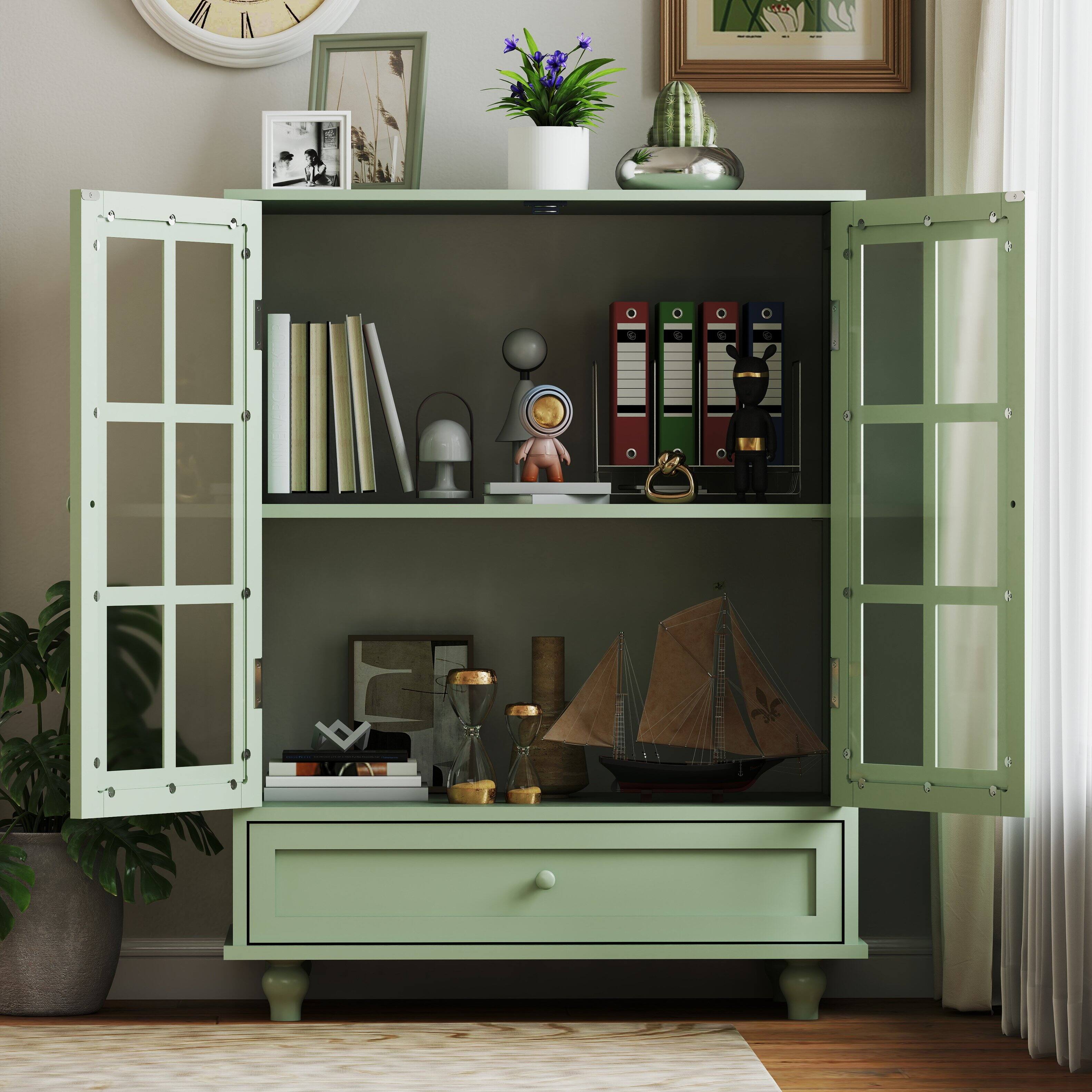 Alt View 1. Ecooso - Minimalist Buffet Cabinet with Double Glass Doors, Drawer & Storage Shelves - Green.