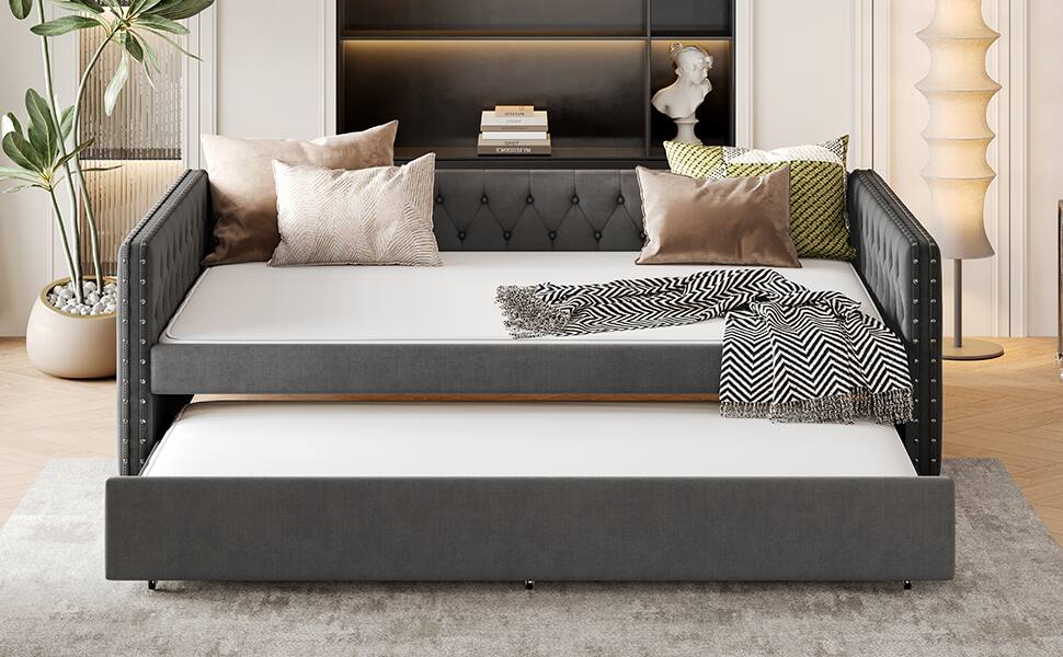 Alt View 9. Tiramisubest - Full Size Daybed, Upholstered Tufted Sofa Bed with Trundle,  Full Daybed with Twin Trundle, Gray - Gray.