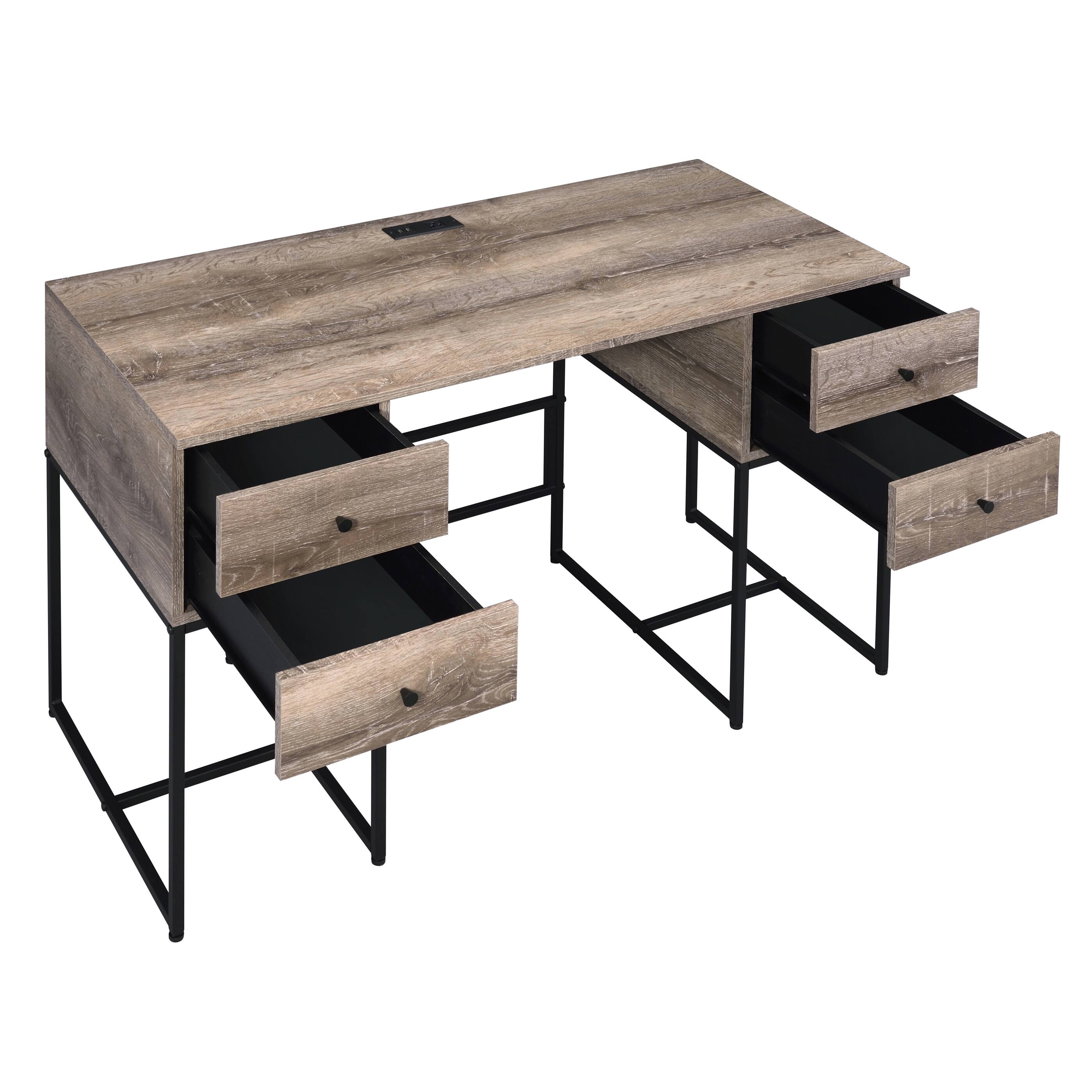 Back. TinyHomie - Rustic Oak and Black 4-drawer Writing Desk - Black and Brown.