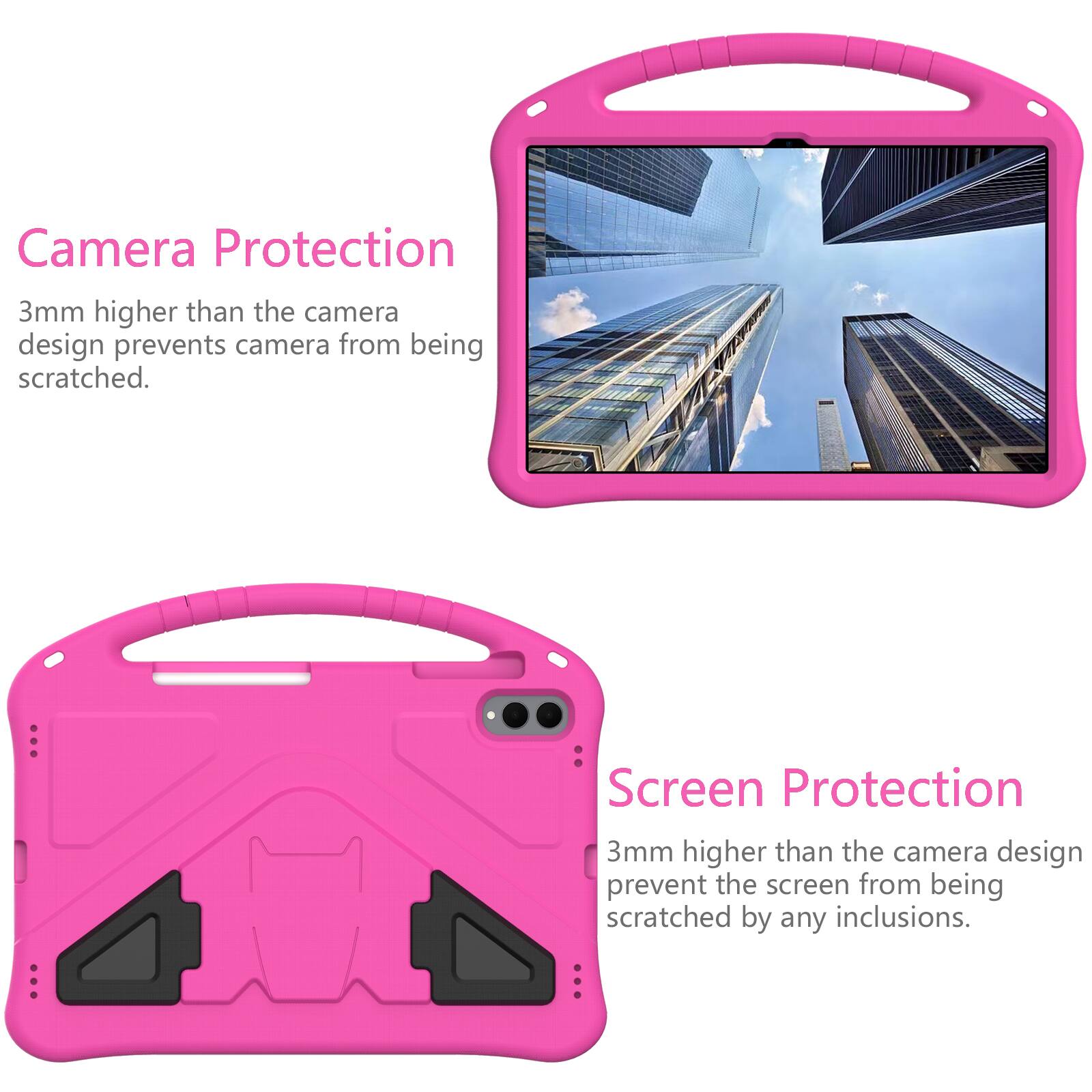 Camera Protection  
3mm higher than the camera design prevents camera from being scratched.  

Screen Protection  
3mm higher than the camera design prevent the screen from being scratched by any inclusions.