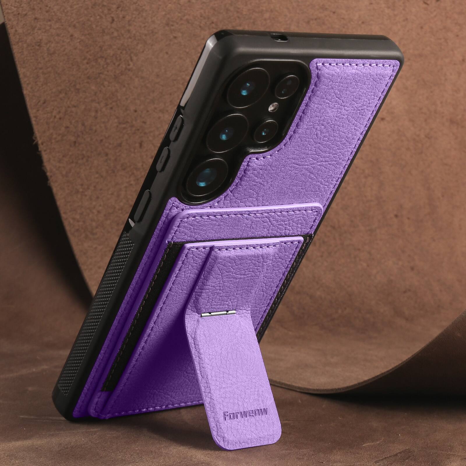 Angle. Dteck - Slim Card Holder Case for Samsung Galaxy S26 Ultra, Shockproof Wallet Protective Cover with Kickstand - Purple.