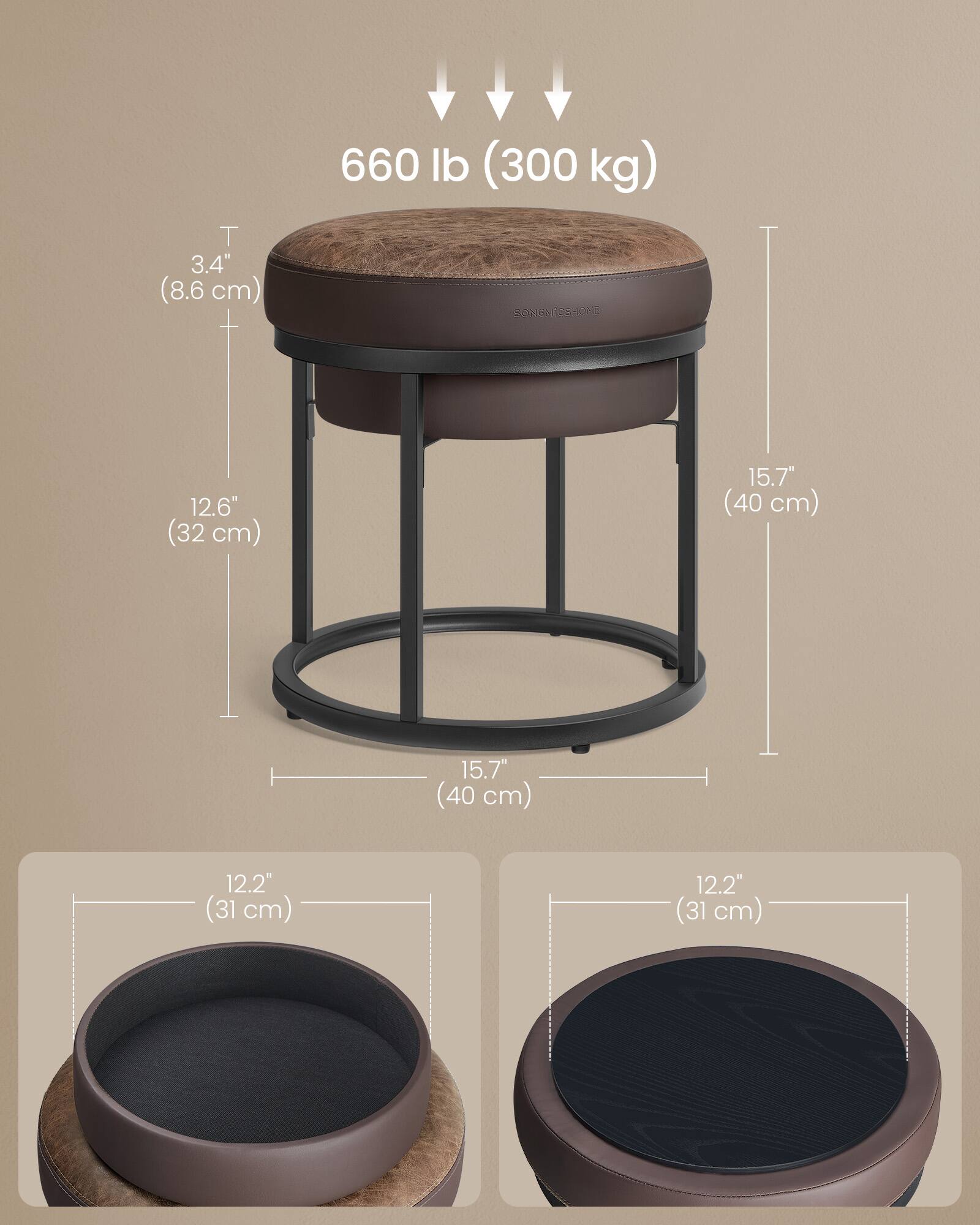 Sure, here is the corrected and grouped text from the image:

- **Weight Capacity:** 660 lb (300 kg)
- **Seat Height:** 12.6" (32 cm)
- **Seat Diameter:** 15.7" (40 cm)
- **Leg Height:** 15.7" (40 cm)
- **Seat Thickness:** 3.4" (8.6 cm)
- **Tray Diameter:** 12.2" (31 cm)