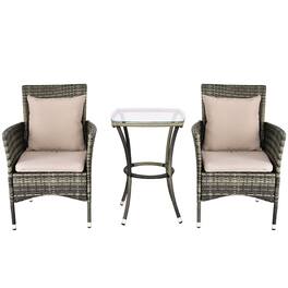 Pefilos - 3 Pieces Patio Rattan Chairs and Table Set with Cushions, Rattan Chair Set, 2 Chairs + Coffee Table, Waterpro - Gray