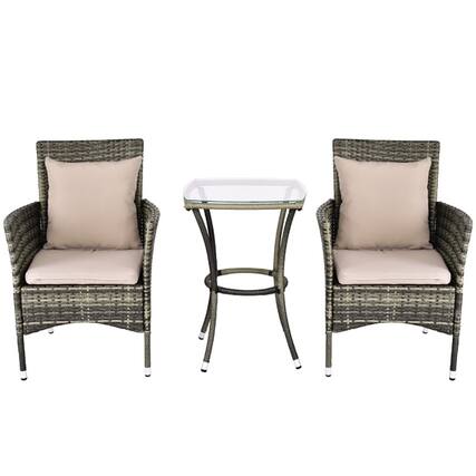 Front. Pefilos - 3 Pieces Patio Rattan Chairs and Table Set with Cushions, Gray Rattan Chair Set, 2 Chairs + Coffee Table, Waterpro - Gray.