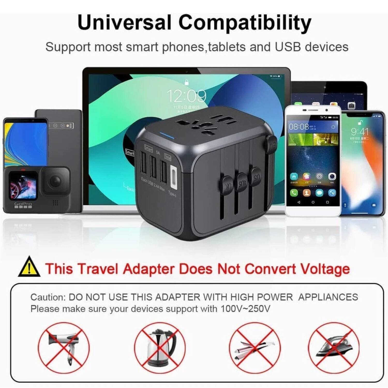 Universal Compatibility  
Support most smart phones, tablets and USB devices  

This Travel Adapter Does Not Convert Voltage  
Caution: DO NOT USE THIS ADAPTER WITH HIGH POWER APPLIANCES  
Please make sure your devices support with 100V~250V