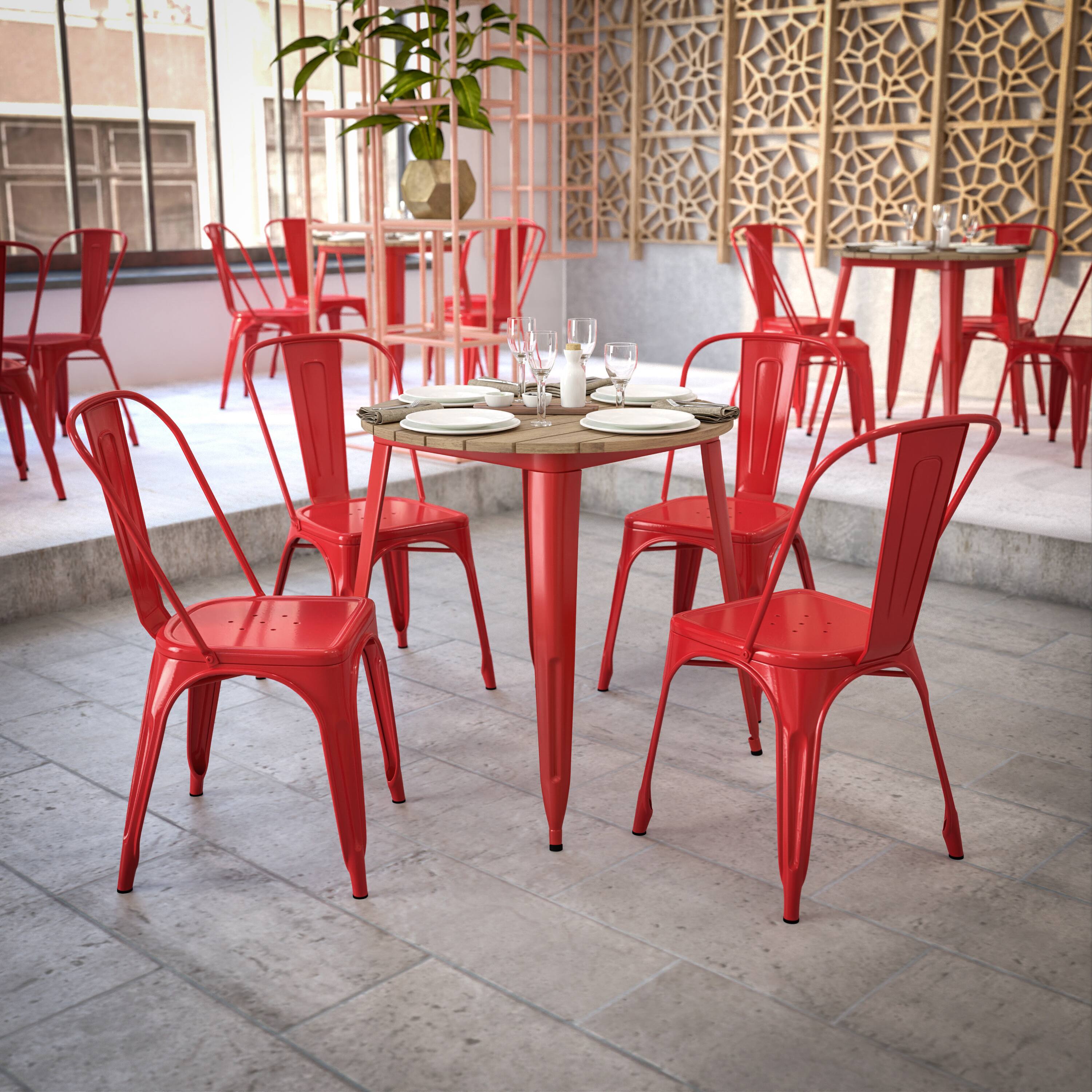 Alt View 3. Flash Furniture - Declan Commercial Grade Indoor/Outdoor Dining Table, 30" Round All Weather Brown Poly Resin Top with Red Steel Base - Red.