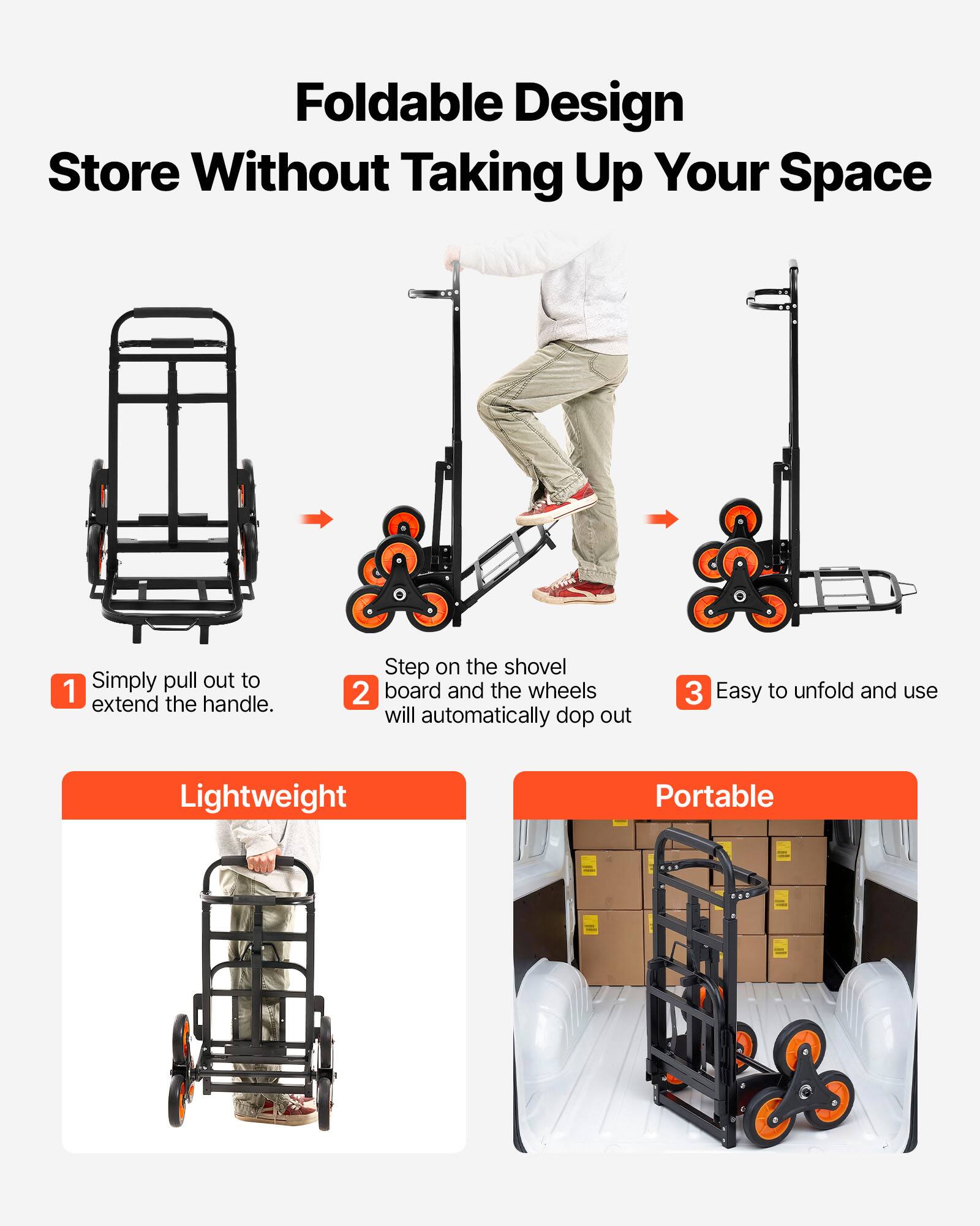 Foldable Design  
Store Without Taking Up Your Space  

1. Simply pull out to extend the handle.  
2. Step on the shovel board and the wheels will automatically drop out.  
3. Easy to unfold and use  

Lightweight  
Portable