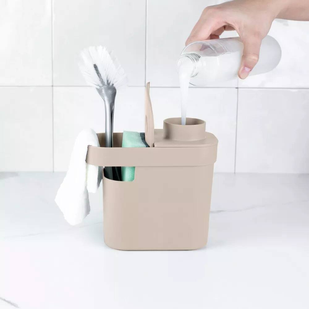 Left. OU - OU 22oz Soap Dispenser, Kitchen Soap Pump, Sponge & Dish Brush Holder, Gel & Dish Soaps Compatible - Beige - Beige.