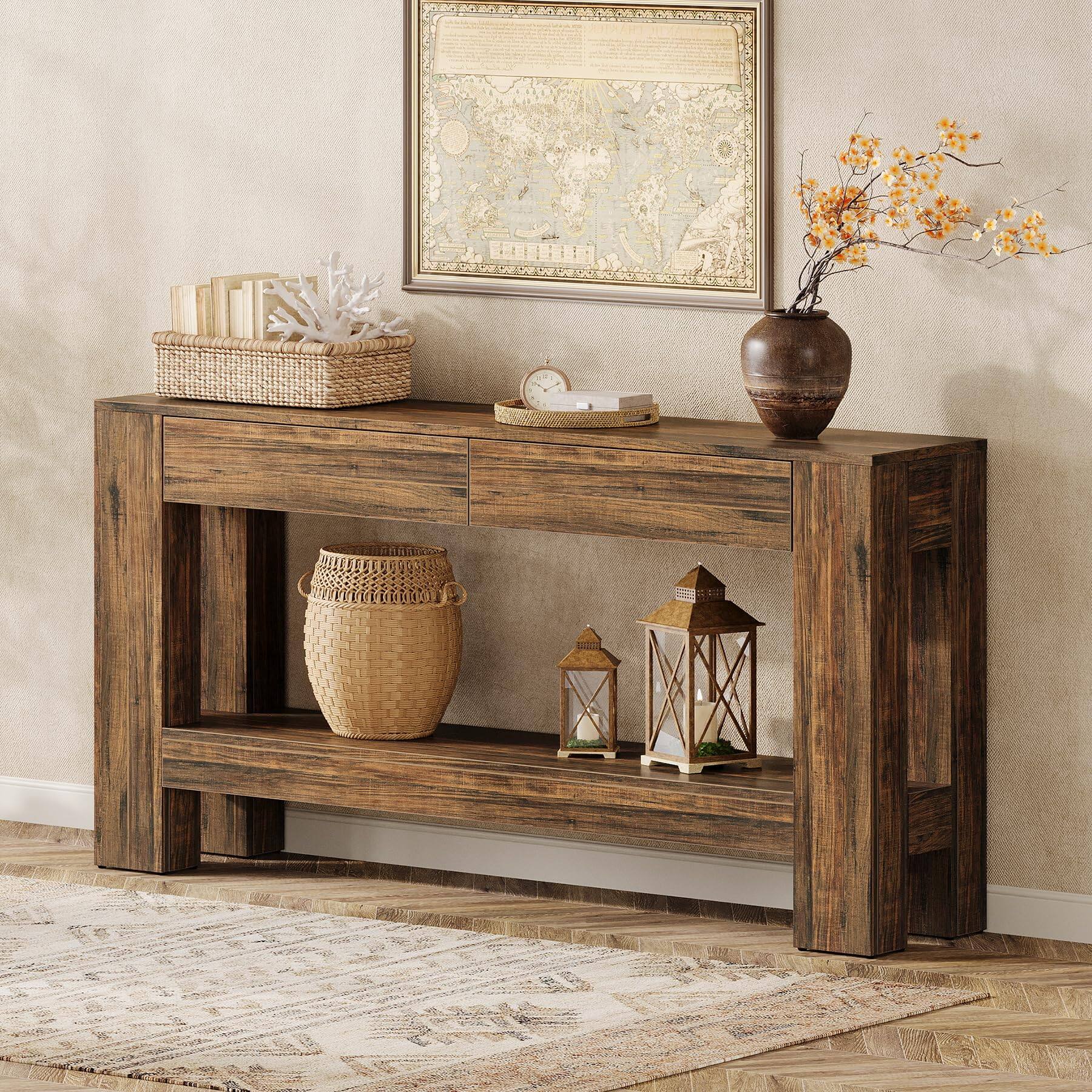 Left. Tribesigns - 63 Inch Console Table with 2 Drawers and Bottom Shelf, Rustic Brown - Brown.