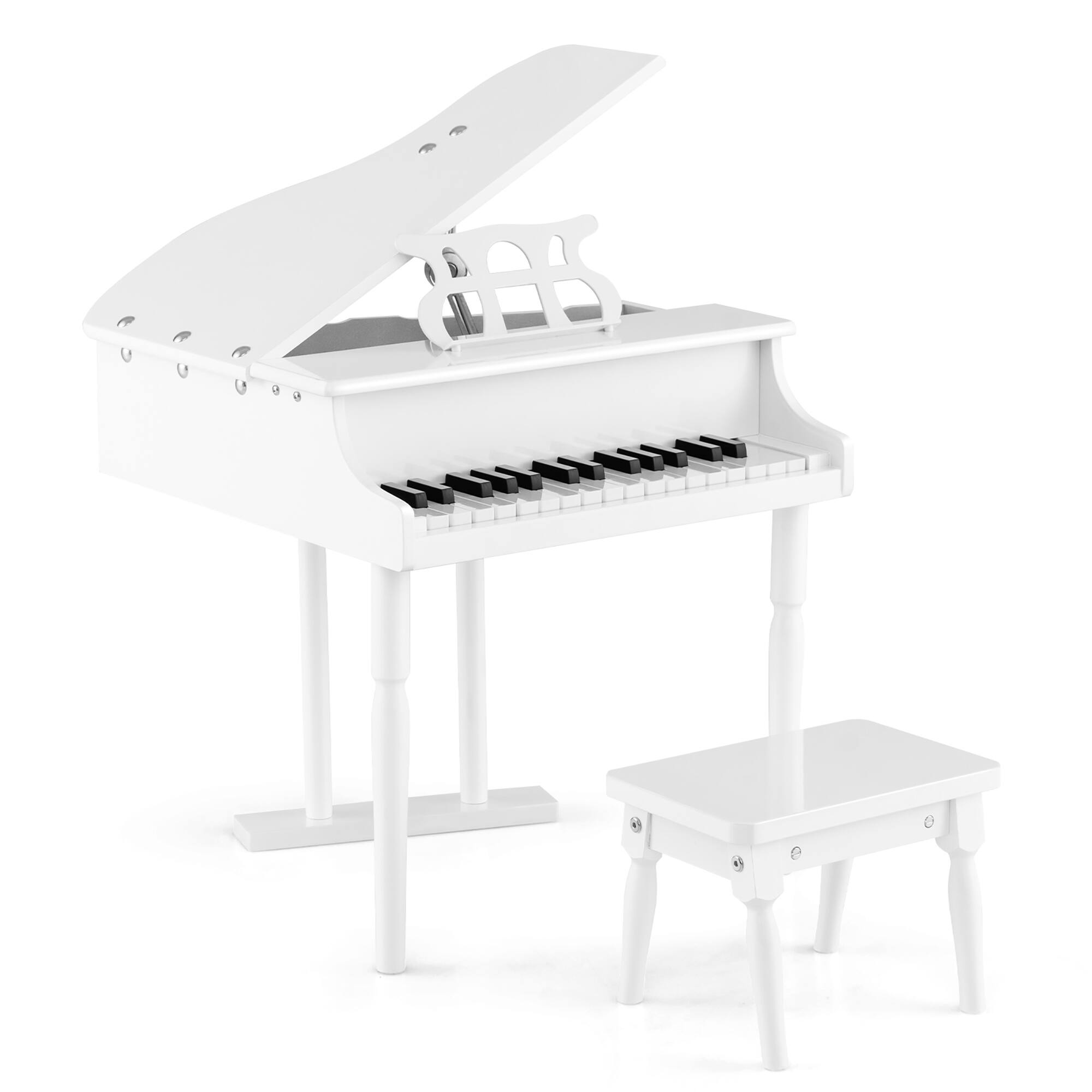 Front. Costway - 30 Key Classical Kids Piano Wooden Musical Instrument Toy with Stand & Stool - White.